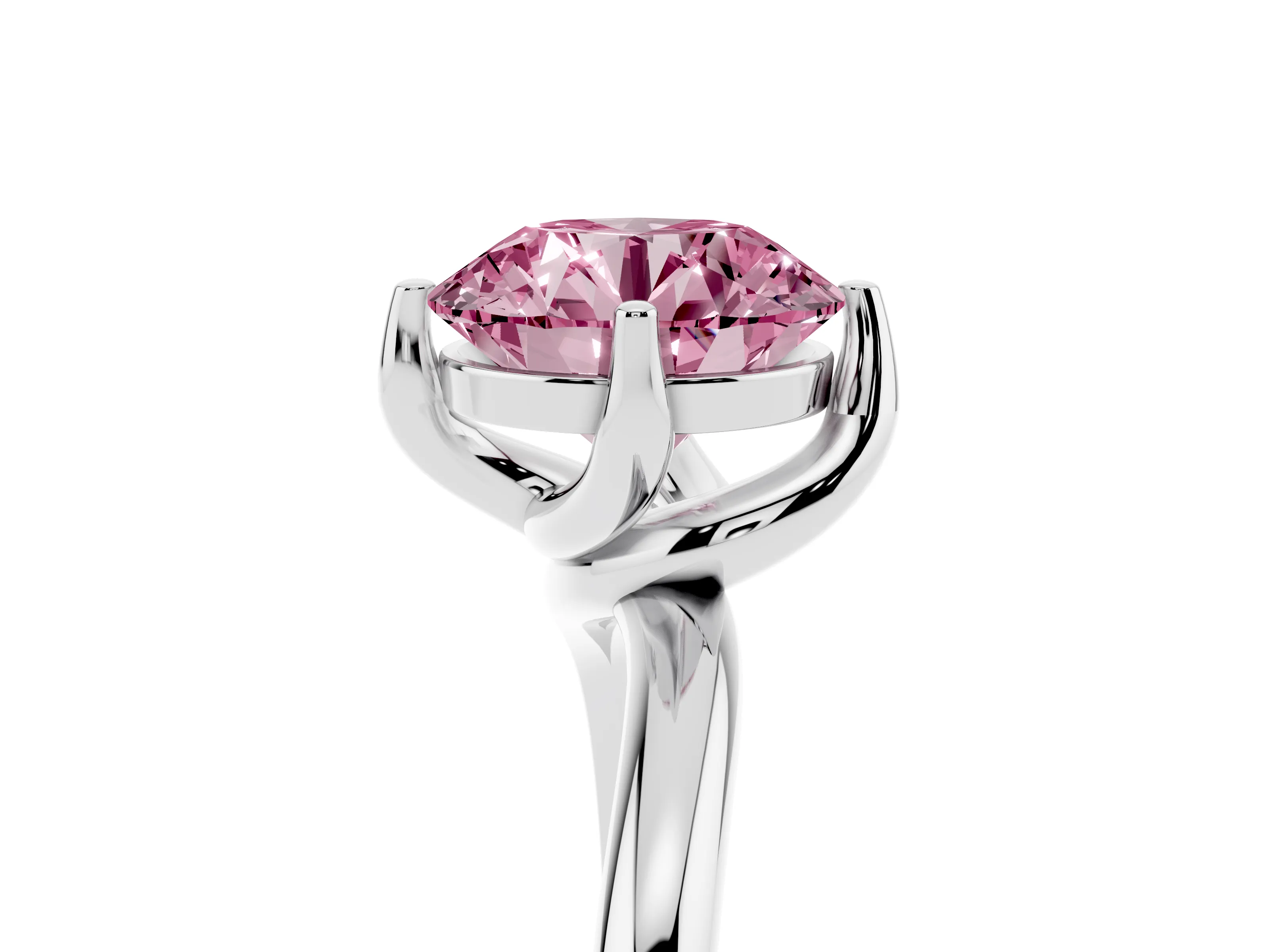 Fancy Pink Round Cut Diamond Solitaire Engagement Ring Set in White gold with Classic Plain Band