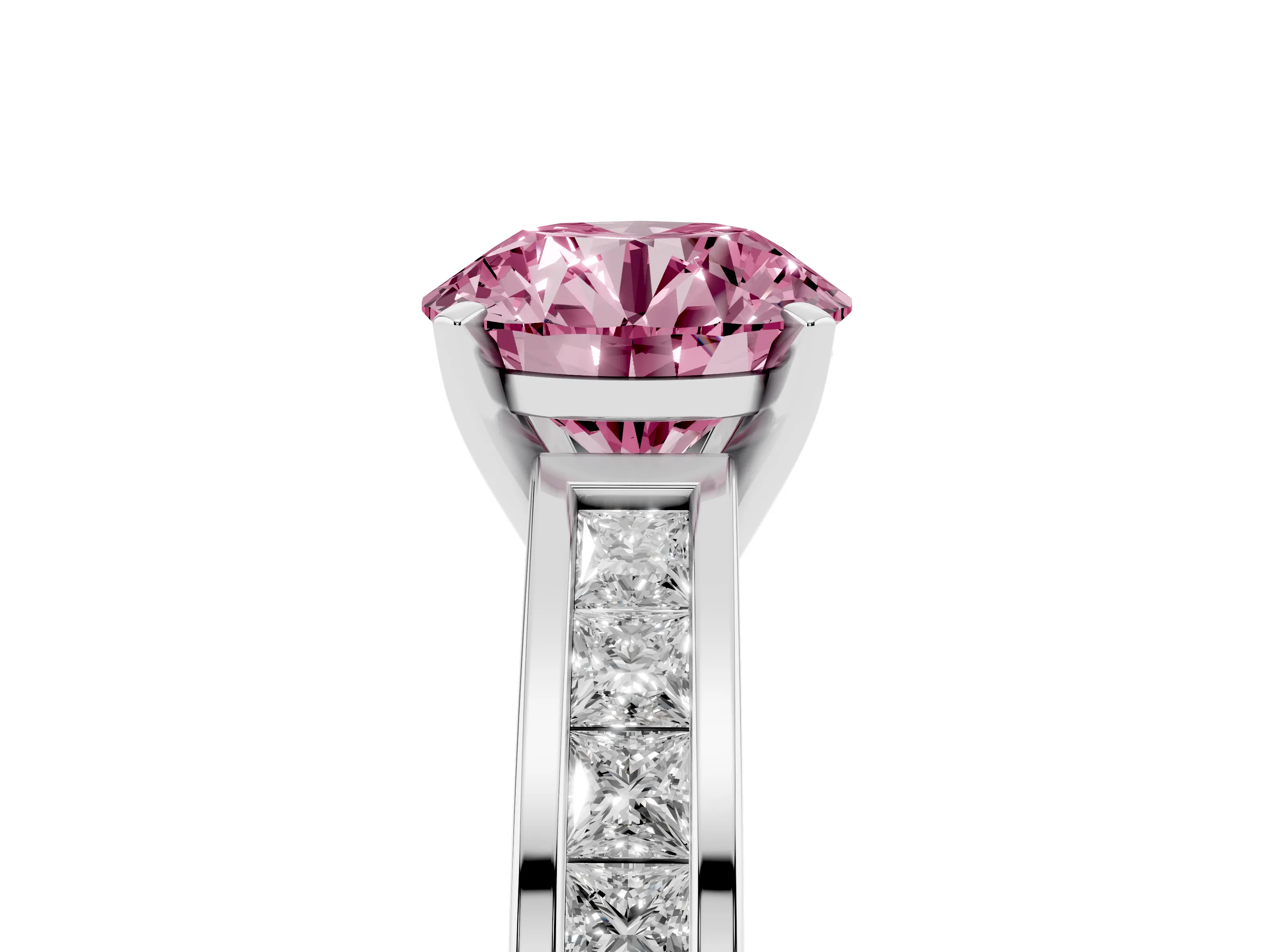 Fancy Pink Round Cut Diamond Solitaire Ring Set in Silver with Channel-Set Band and Prong Setting