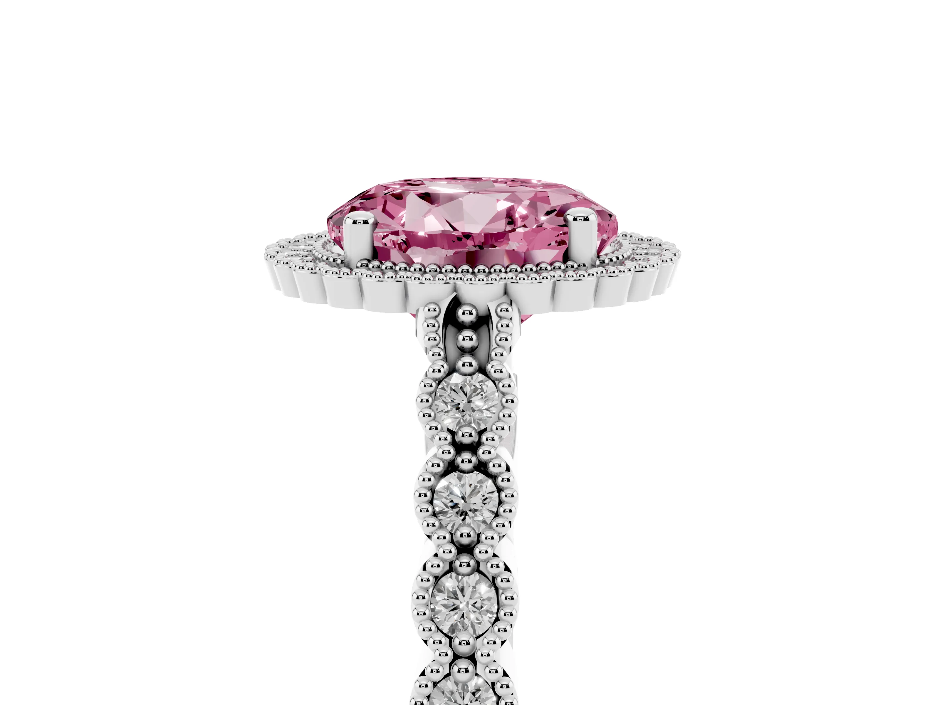 Fancy Pink Round Cut Diamond Halo Ring Set in Silver with Pavé Milgrain Band