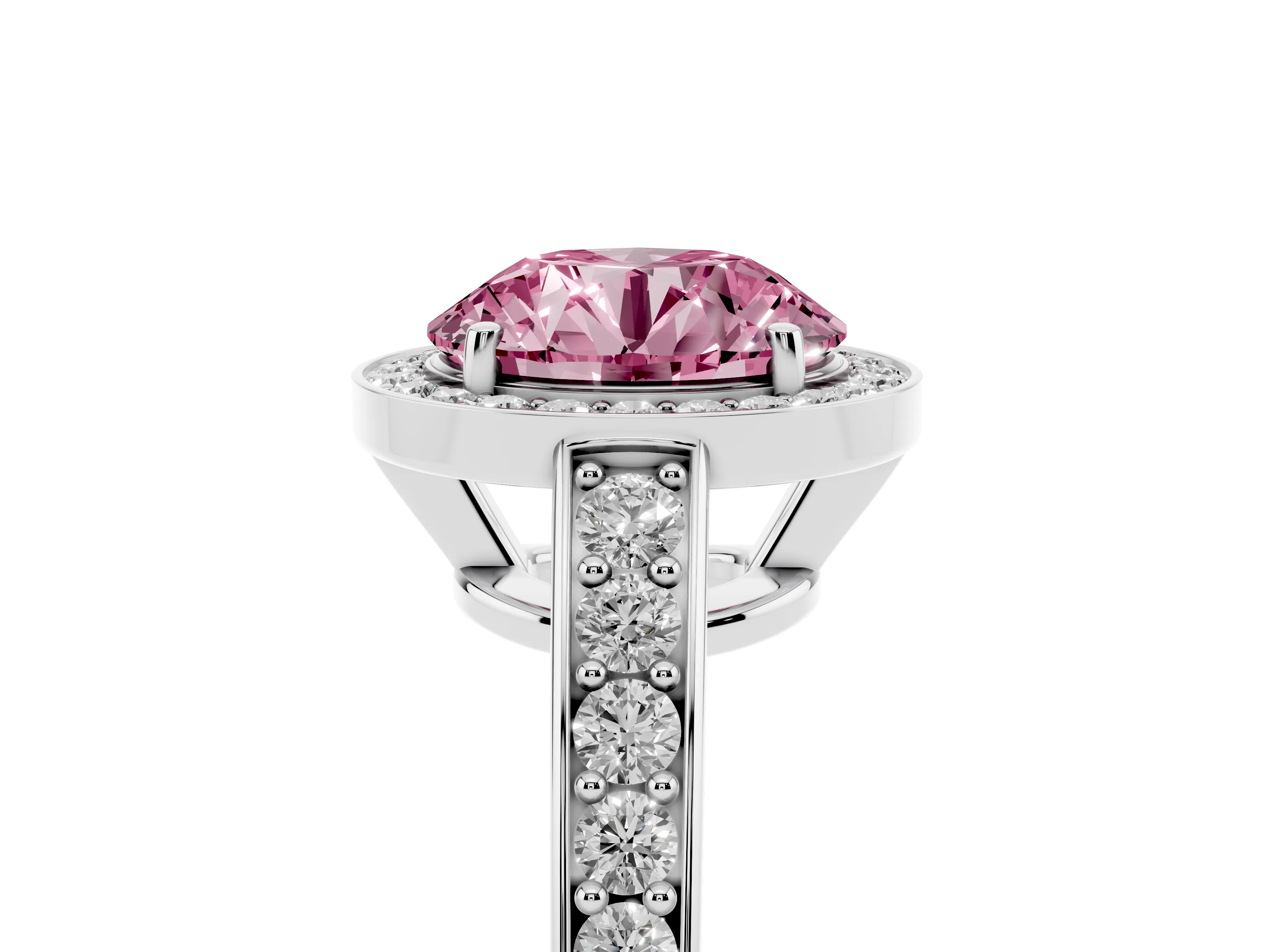 Fancy Pink Round Cut Diamond Halo Pavé Engagement Ring Set in Silver with Bezel Setting