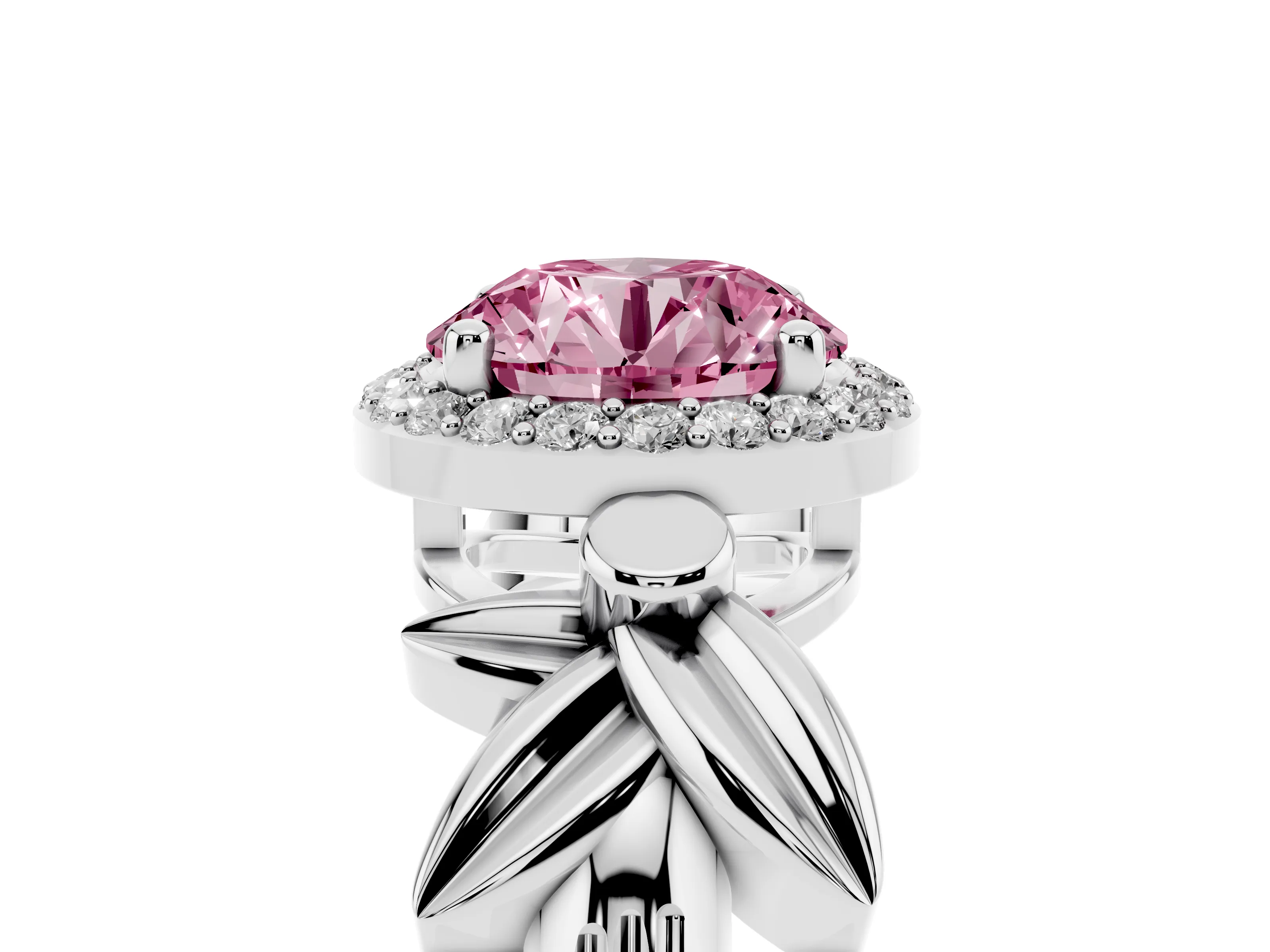 Fancy Pink Round Cut Diamond Halo Floral Band Ring Set in Silver with Prong Setting