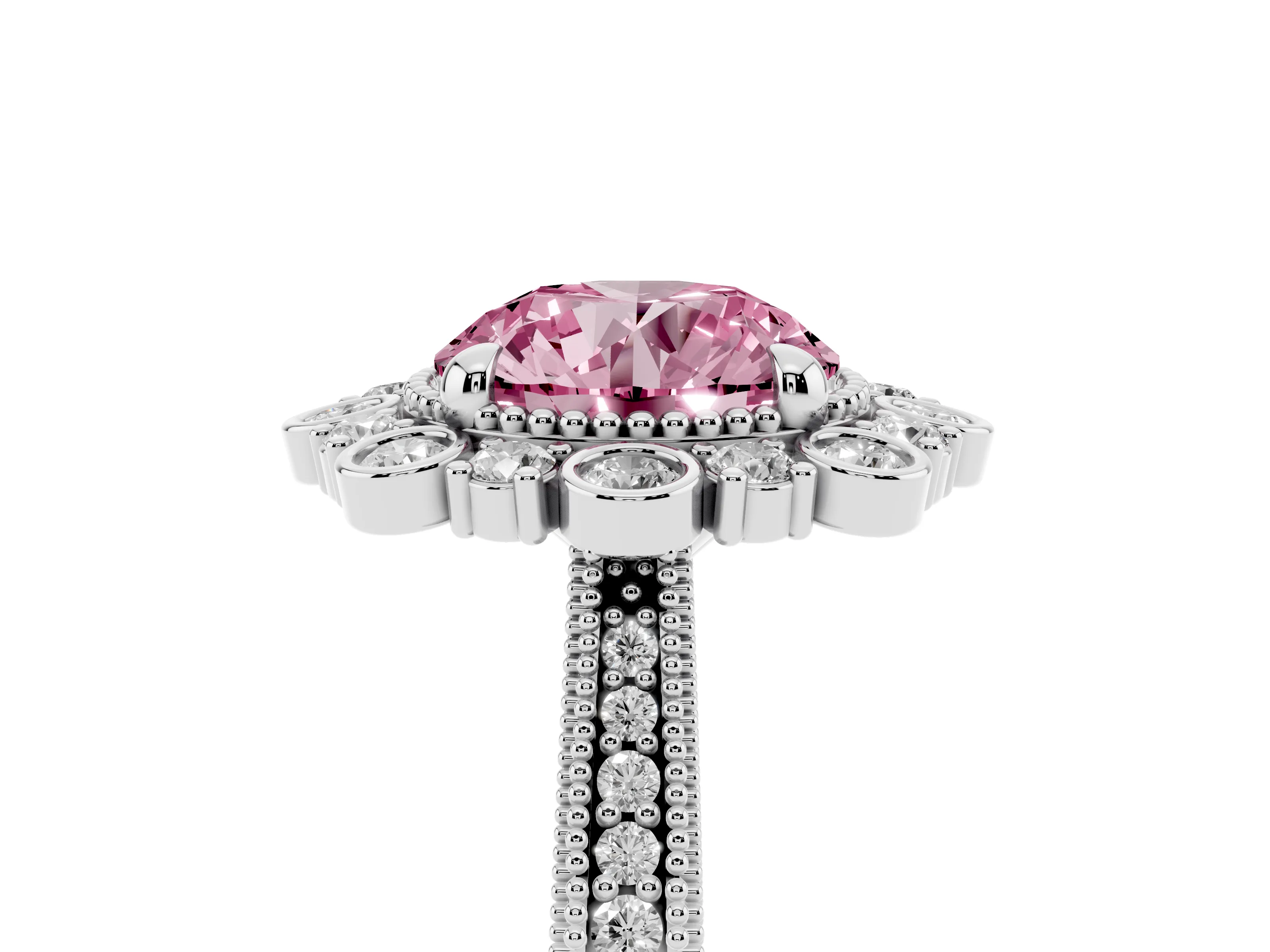 Fancy Pink Round Cut Diamond Halo Milgrain Pavé Ring Set in White gold with Prong Setting