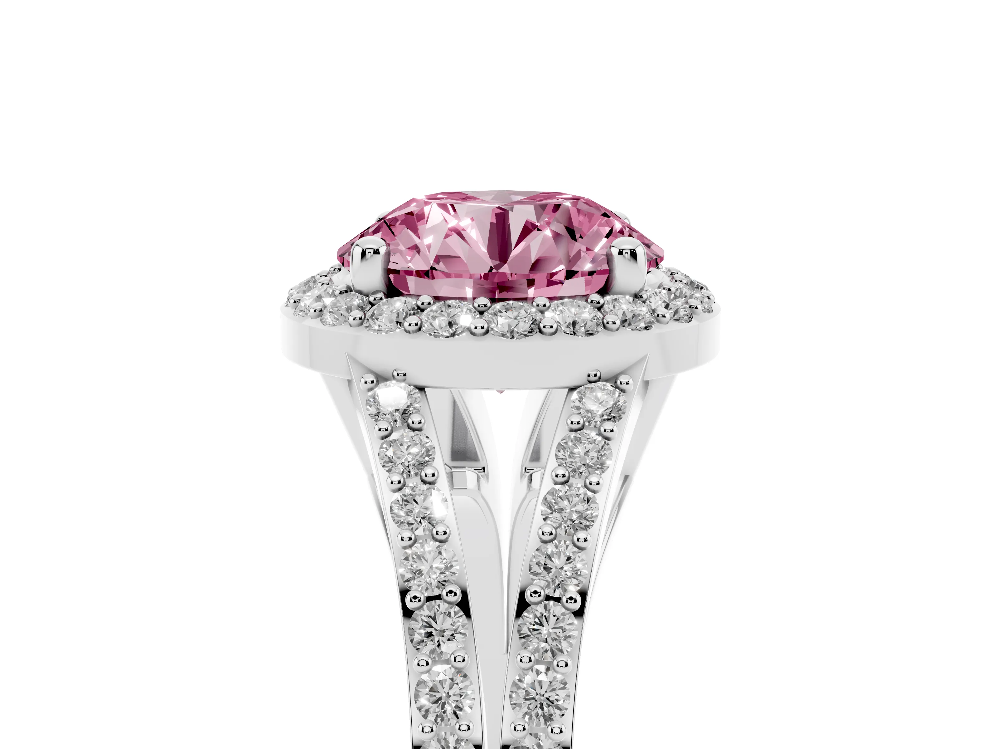 Fancy Pink Round Cut Diamond Halo Split Shank Pavé Ring Set in Platinum with Prong Setting