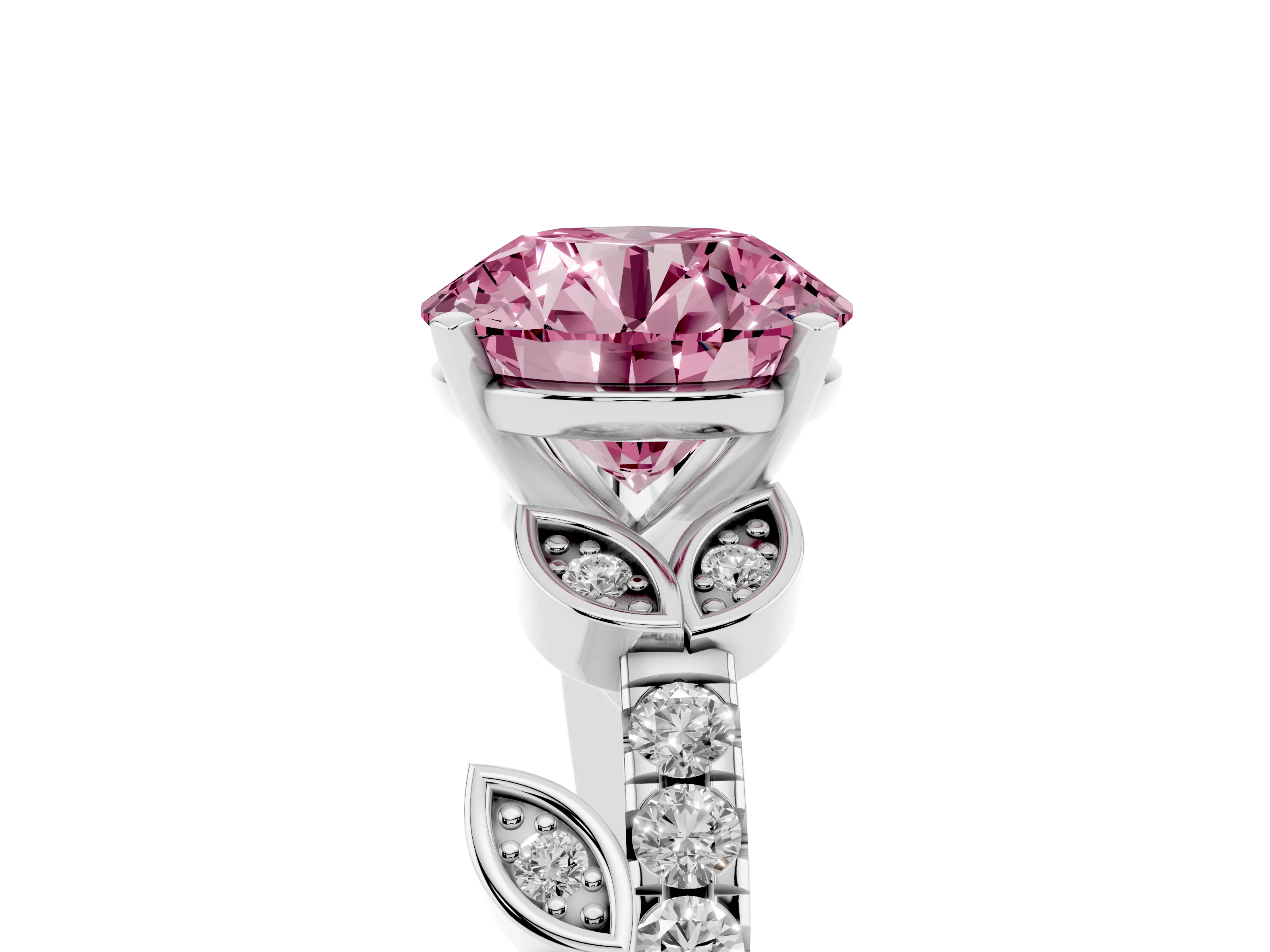 Fancy Pink Round Cut Diamond Solitaire Leaf-Inspired Ring Set in Platinum with Pavé Band and Prong Setting
