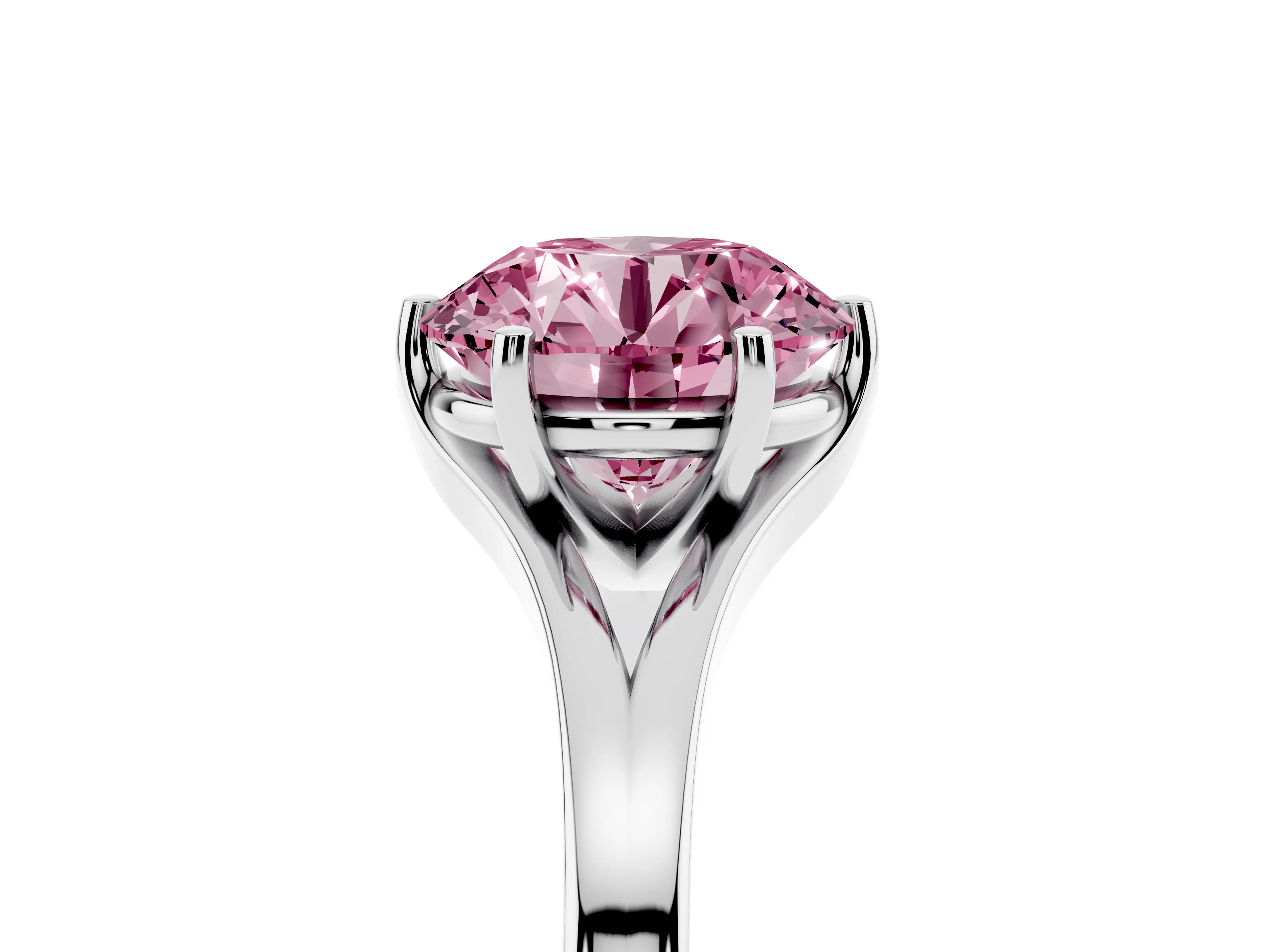 Fancy Pink Round Cut Diamond Solitaire Ring Set in Silver with Polished Tapered Band and Prong Setting