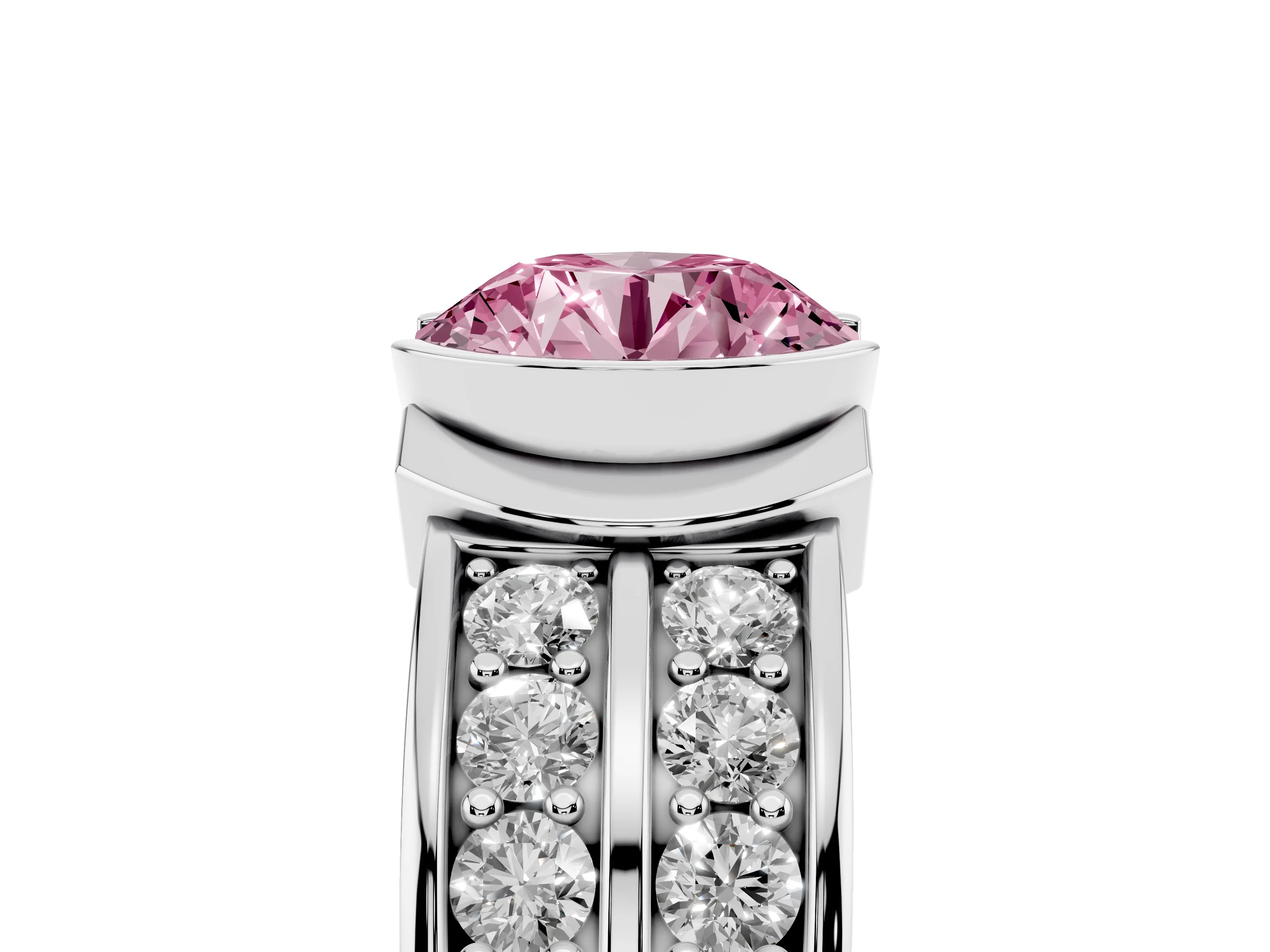 Fancy Pink Round Cut Diamond Wide Channel Set Band Ring Set in Silver with Bezel Setting