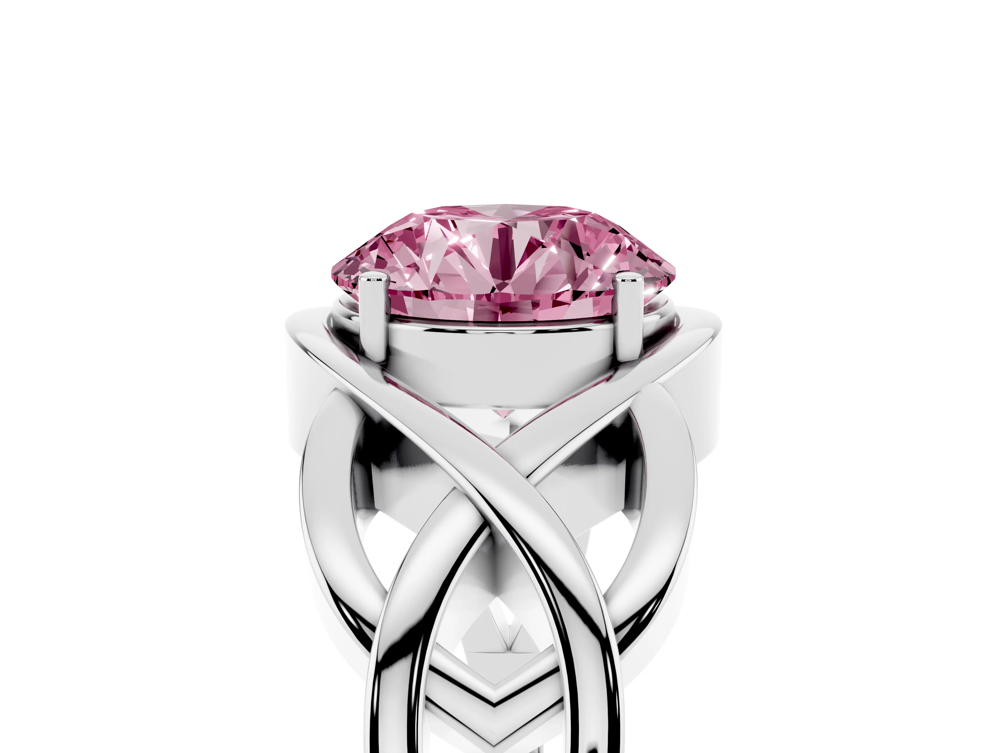 Fancy Pink Round Cut Diamond Solitaire Ring Set in Platinum with Intertwined Band