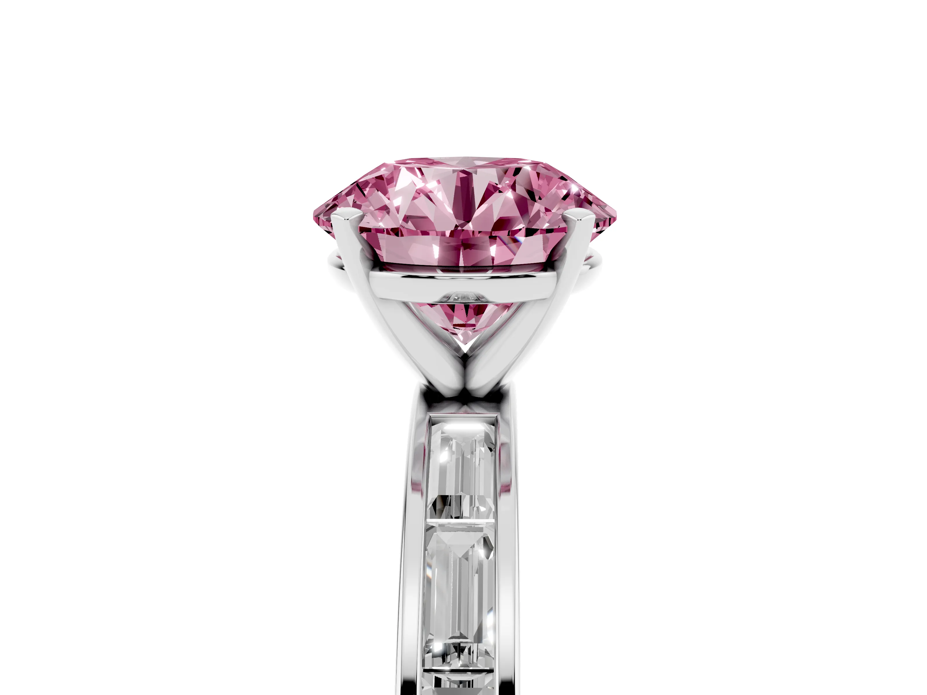 Fancy Pink Round Cut Diamond Solitaire Ring Set in Silver with Channel-Set Baguette Band and Prong Setting