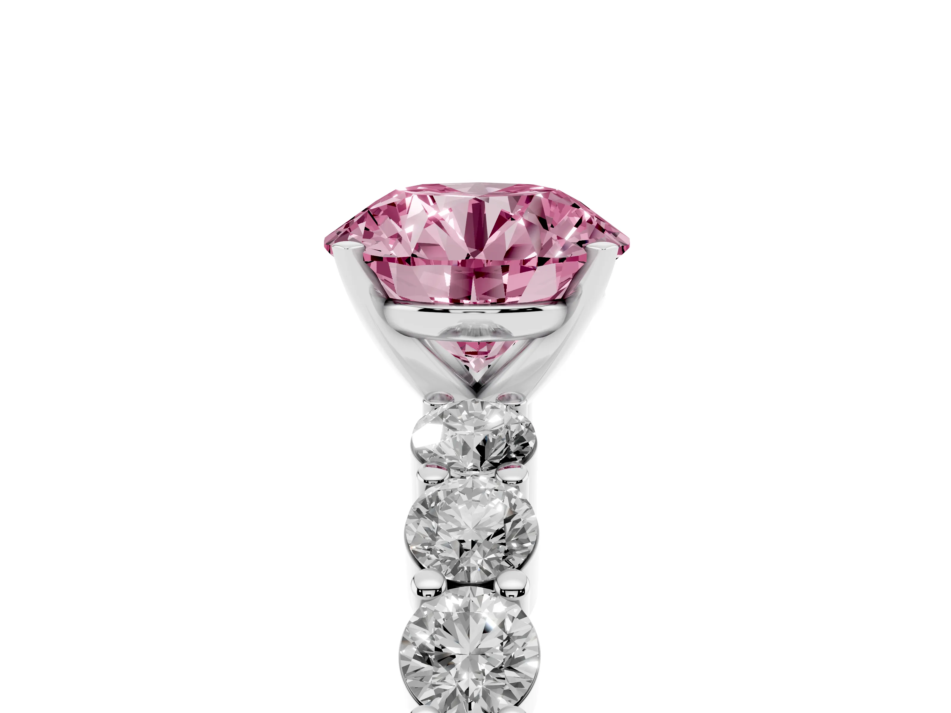 Fancy Pink Round Cut Diamond Solitaire Ring Set in Platinum with Shared Prong Round Side Stones