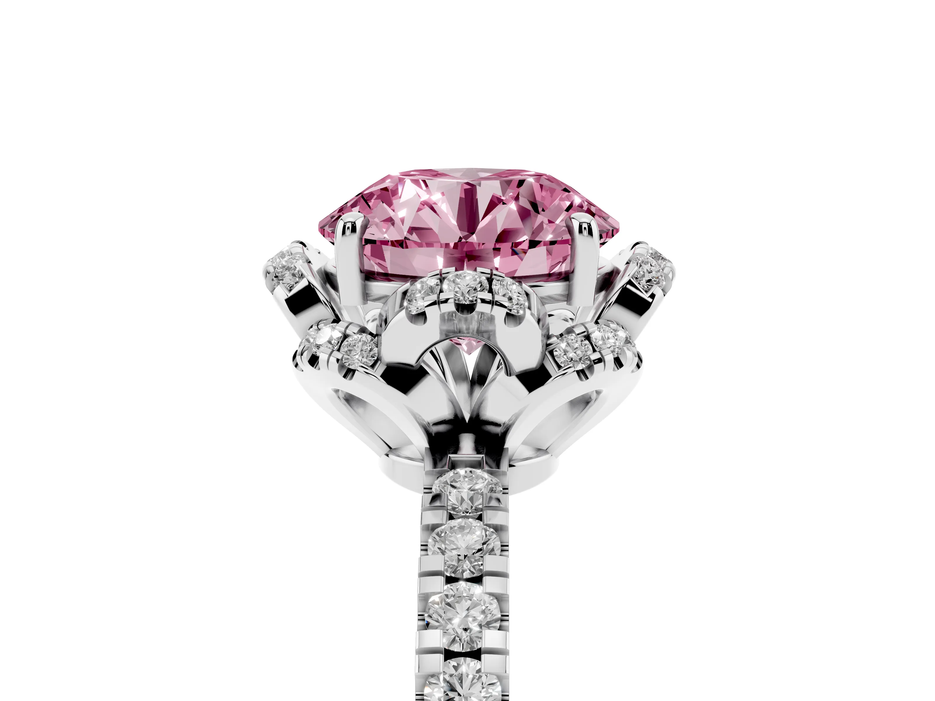 Fancy Pink Round Cut Diamond Halo Pavé Band Ring Set in Platinum with Prong-Held Center