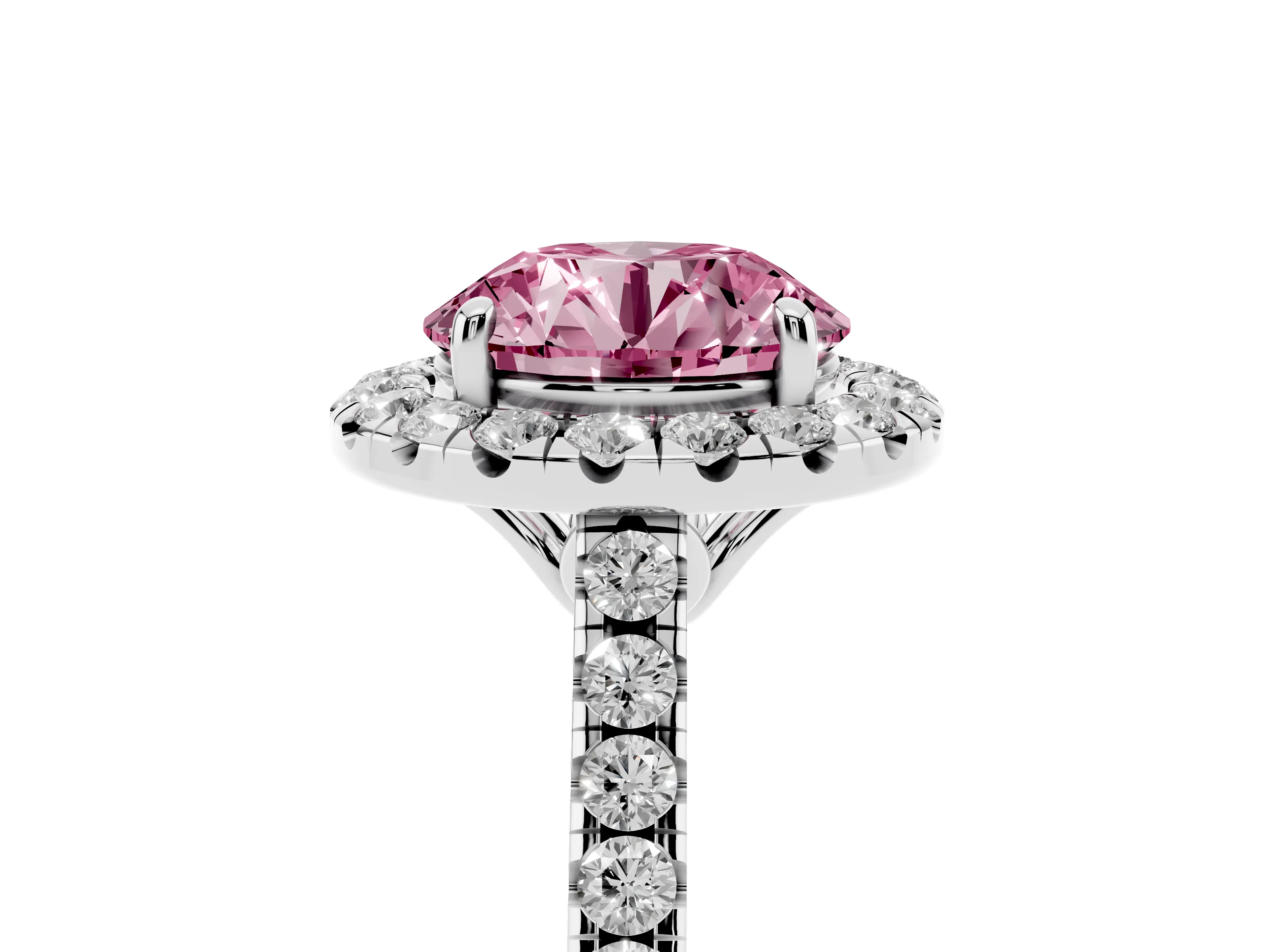 Fancy Pink Round Cut Diamond Pavé Halo Engagement Ring Set in White gold with Pavé Band and Prong Setting