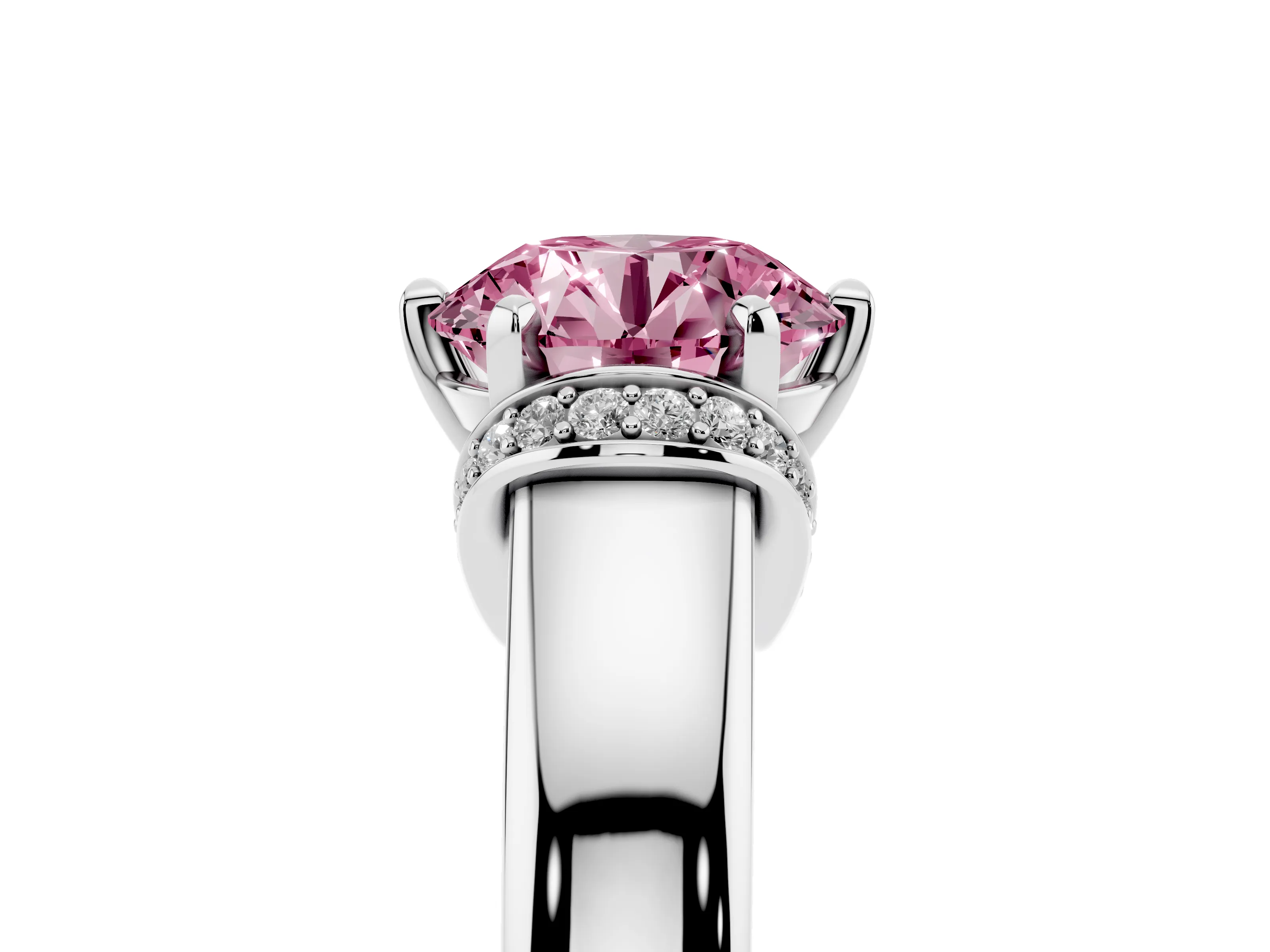 Fancy Pink Round Cut Diamond Pavé Band Solitaire Ring Set in Silver with Prong Setting