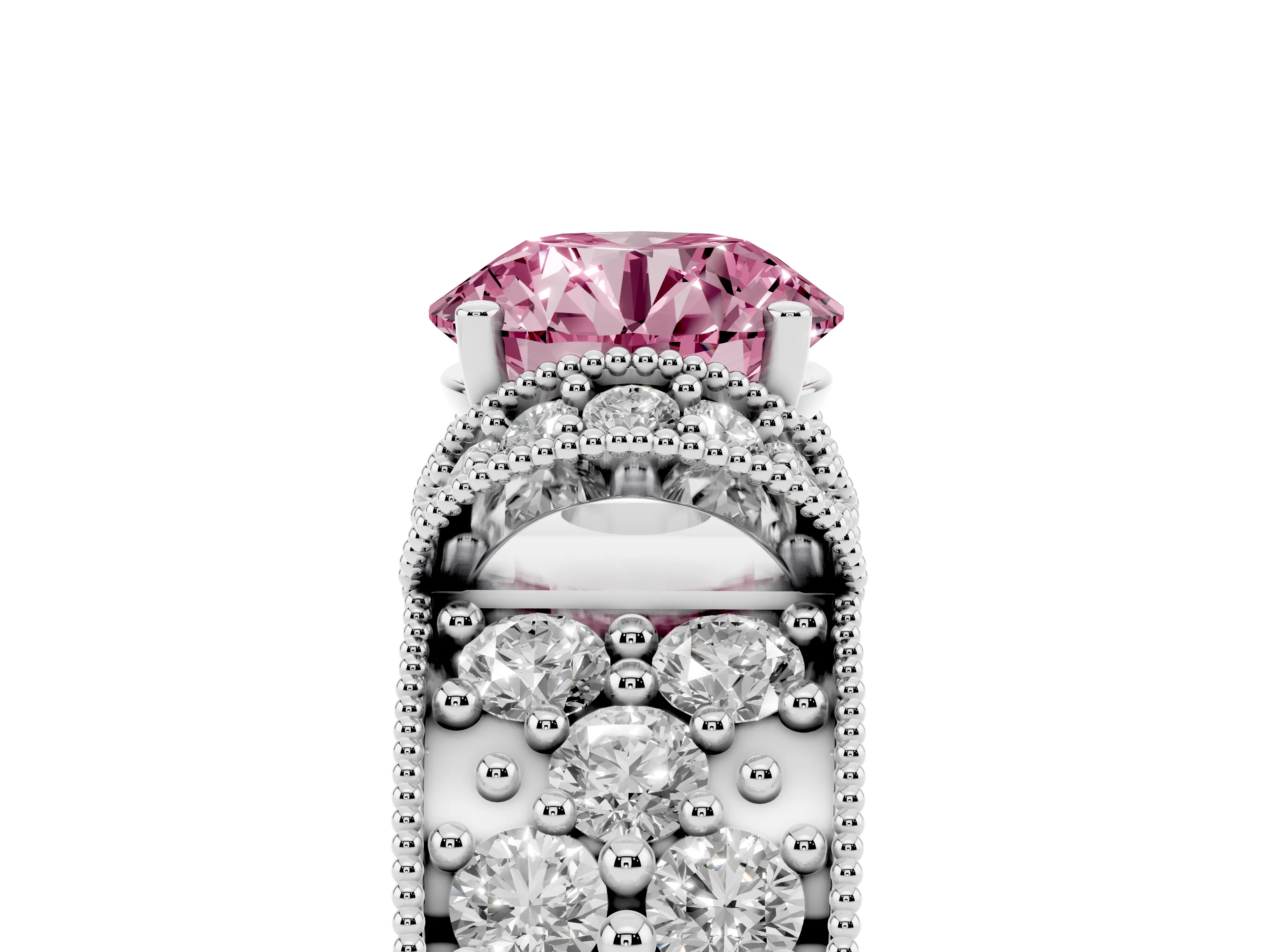 Fancy Pink Round Cut Diamond Milgrain Halo Pavé Engagement Ring Set in Silver with Prong Setting