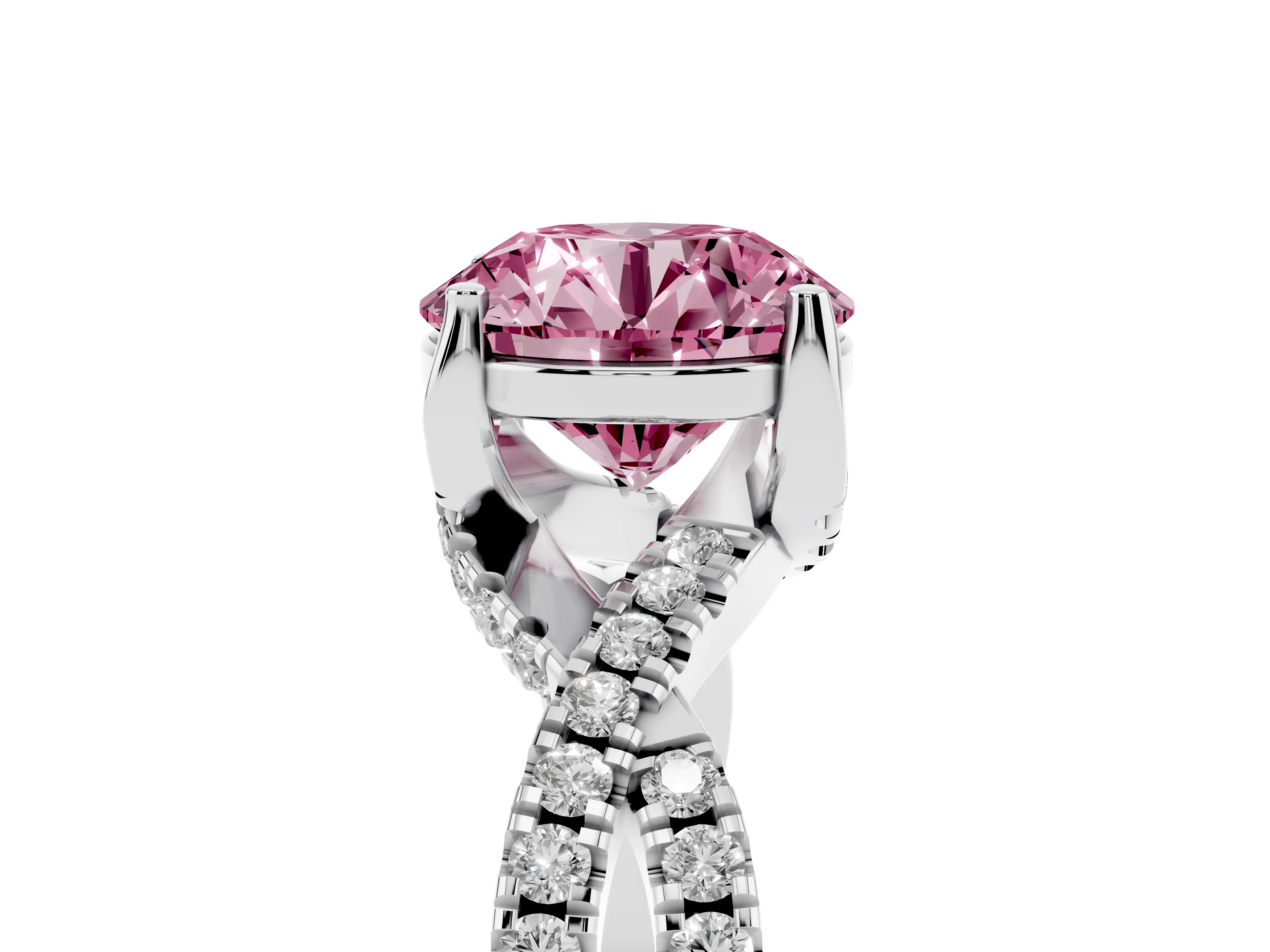 Fancy Pink Round Cut Diamond Twist Pavé Solitaire Engagement Ring Set in Silver with Prong Setting