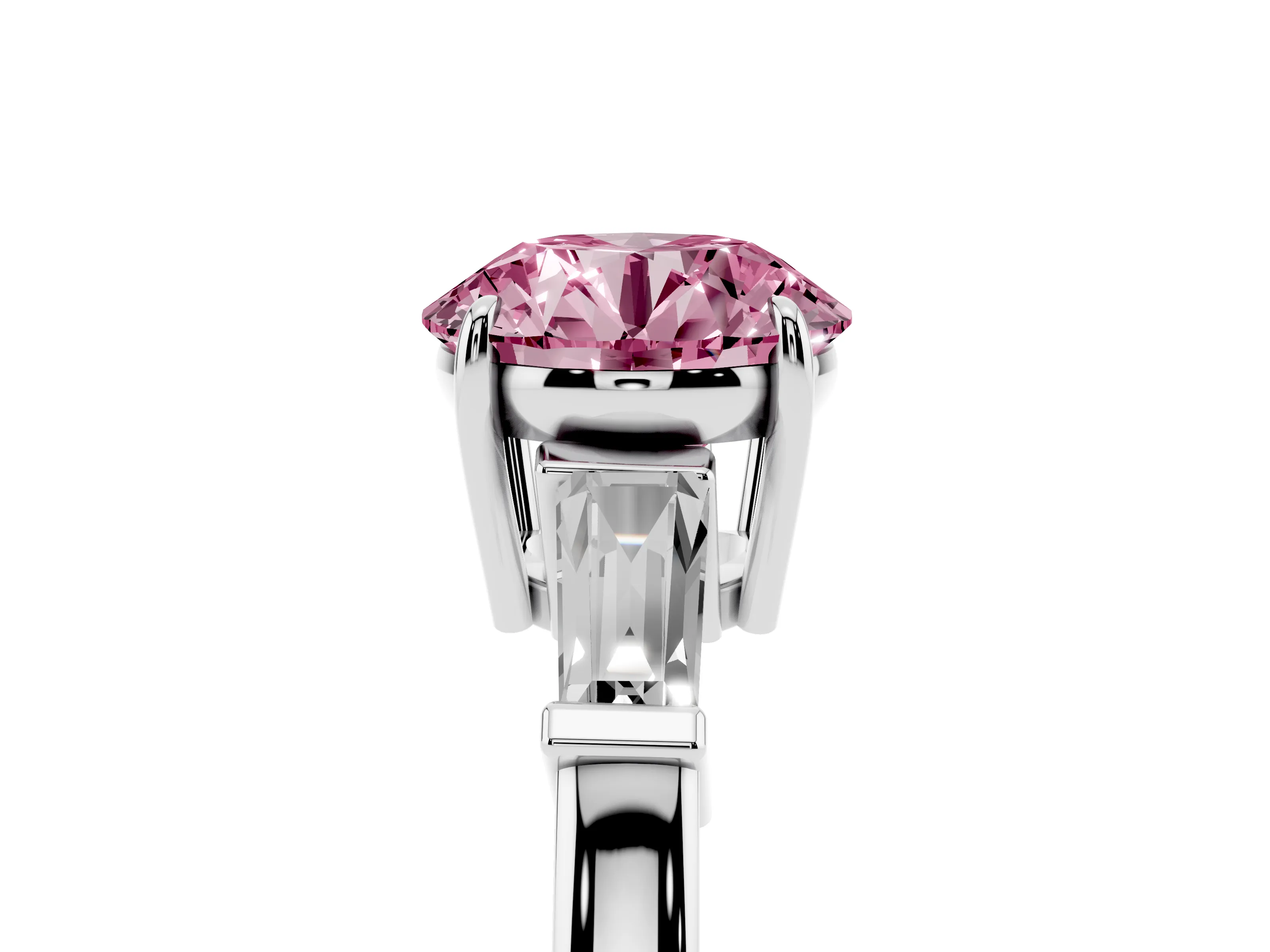 Fancy Pink Round Cut Diamond Three-Stone Ring Set in White gold with Tapered Baguette Side Stones and Prong Setting