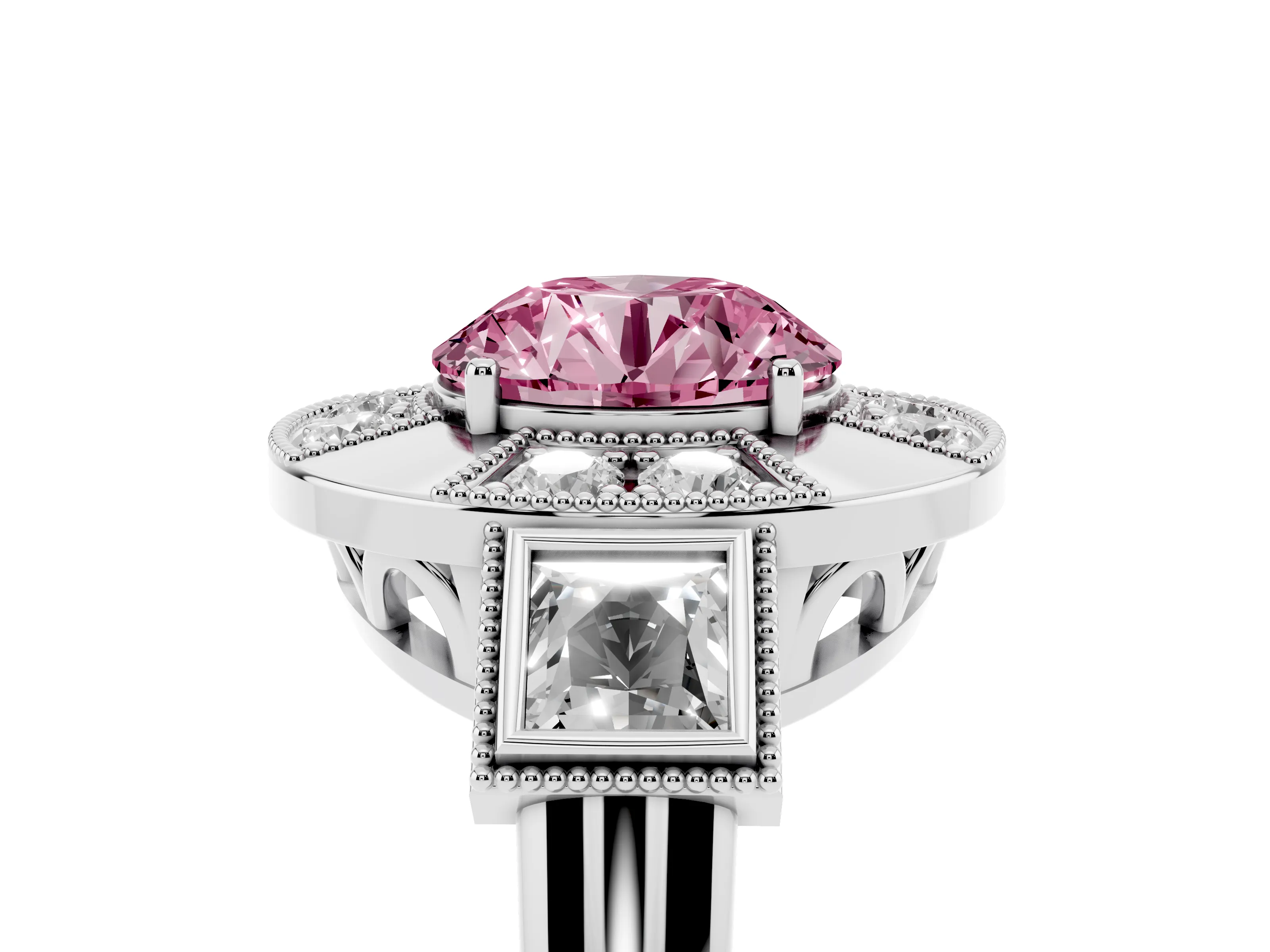 Fancy Pink Round Cut Diamond Milgrain Halo Ring Set in Platinum with Split Shank