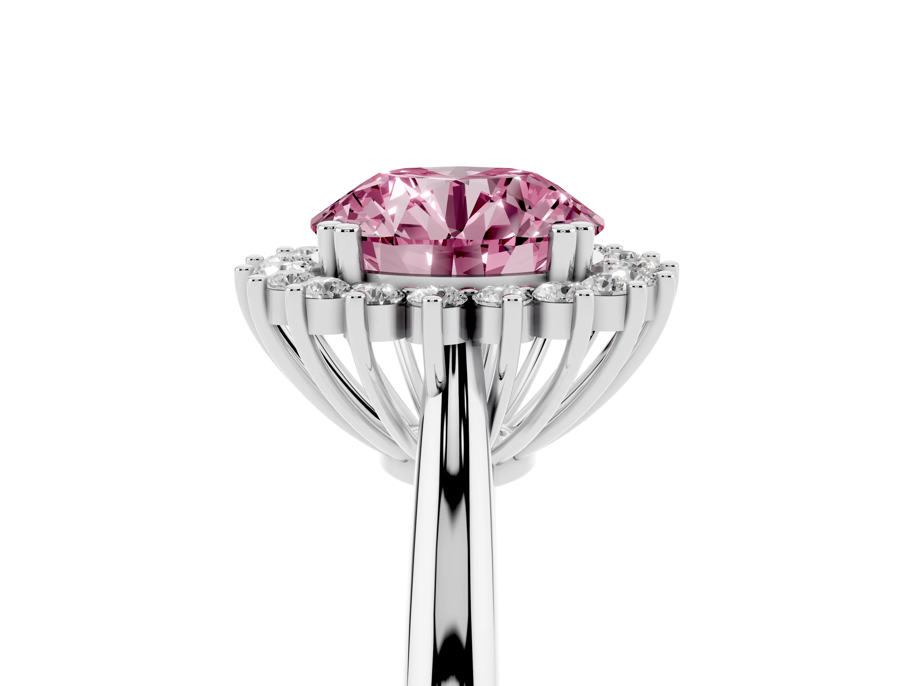 Fancy Pink Round Cut Diamond Halo Ring Set in White gold with Plain Solitaire Band and Prong Setting