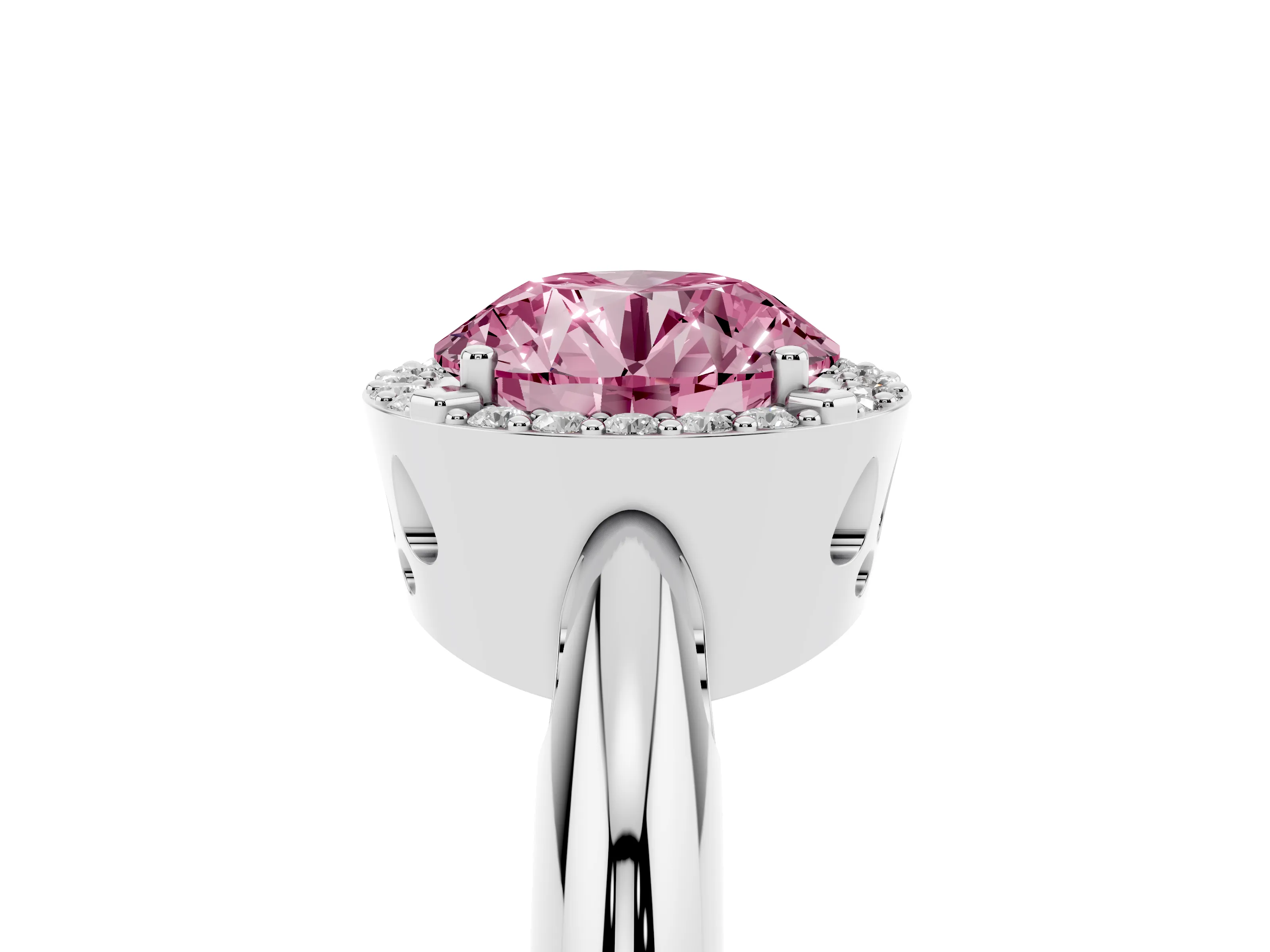 Fancy Pink Round Cut Diamond Halo Engagement Ring Set in Platinum with Plain Split Shank and Prong Setting