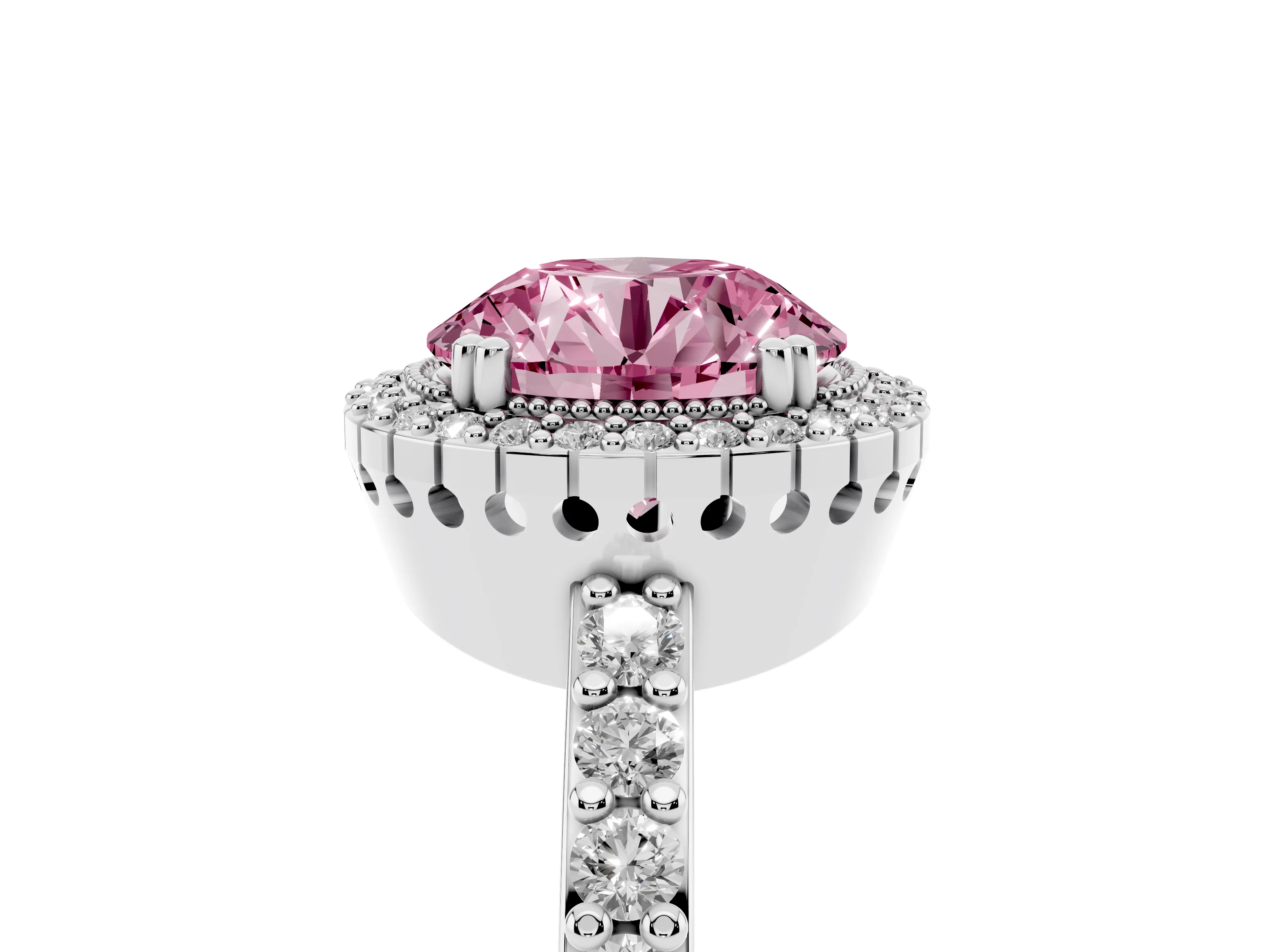 Fancy Pink Round Cut Diamond Halo Engagement Ring Set in White gold with Milgrain Detail and Pavé Band