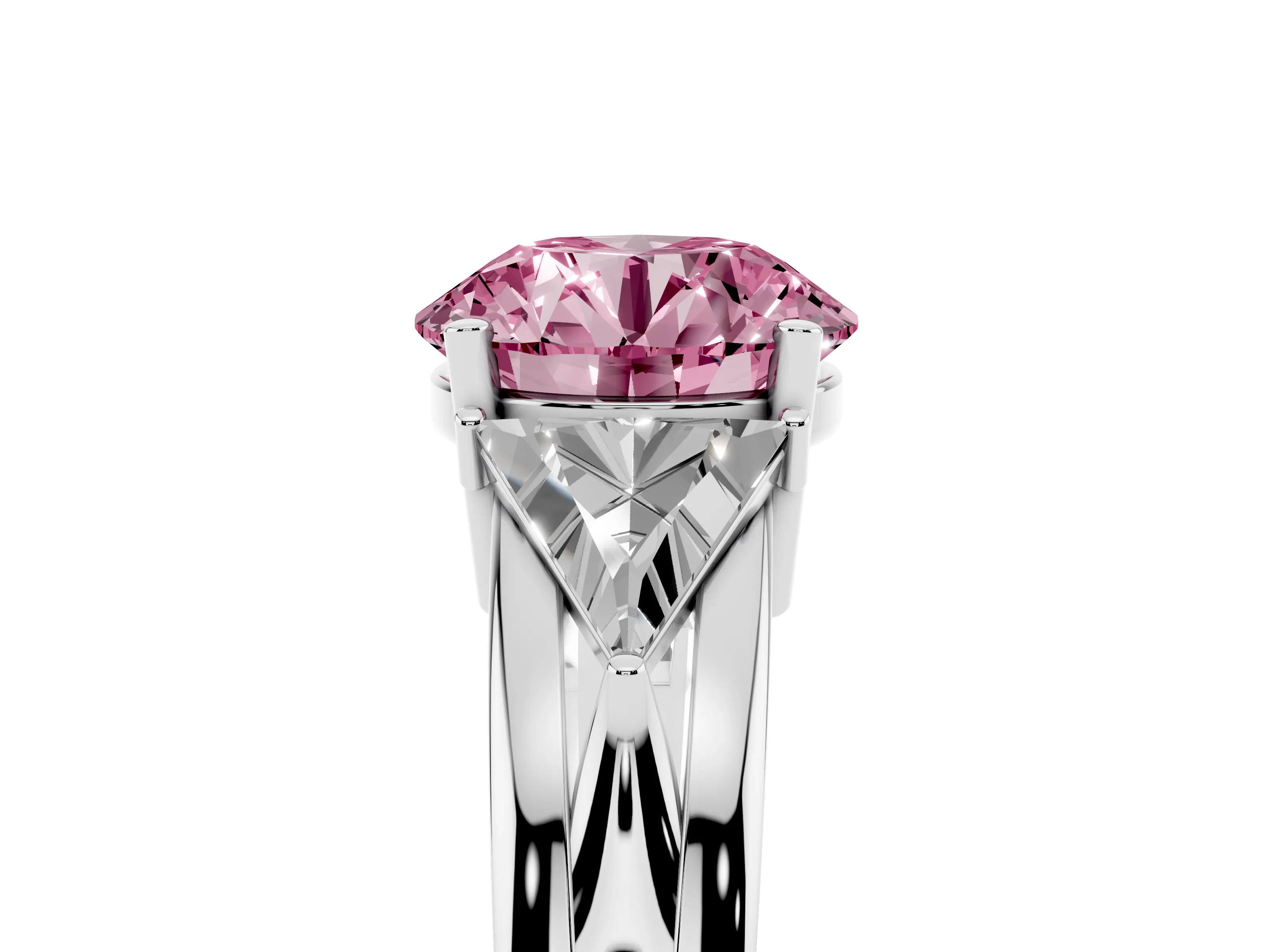 Fancy Pink Round Cut Diamond Three-Stone Ring Set in Silver with Trillion Side Stones and Split Shank