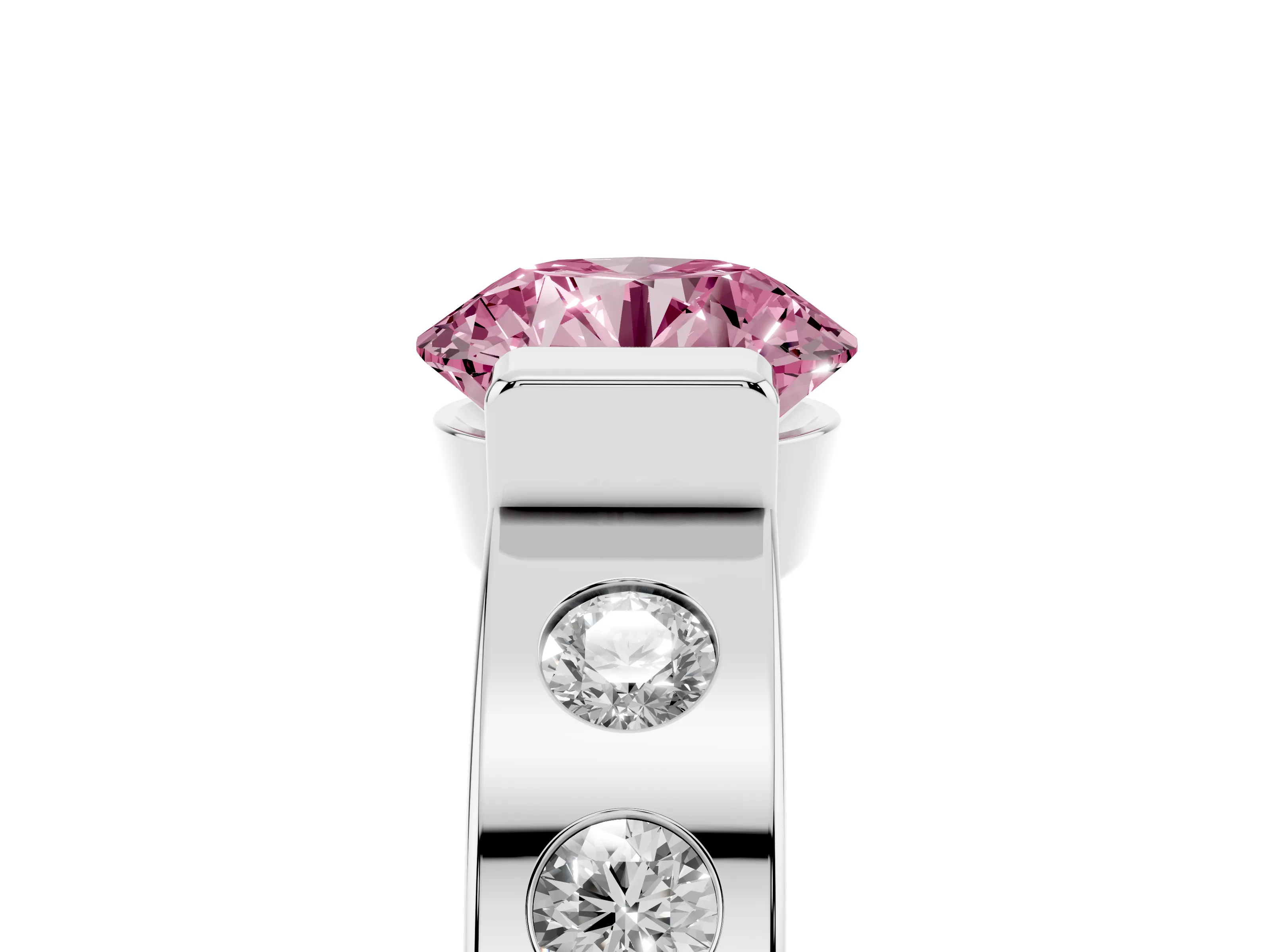 Fancy Pink Round Cut Diamond Channel-Set Band Ring Set in Silver with Bezel Prong Setting