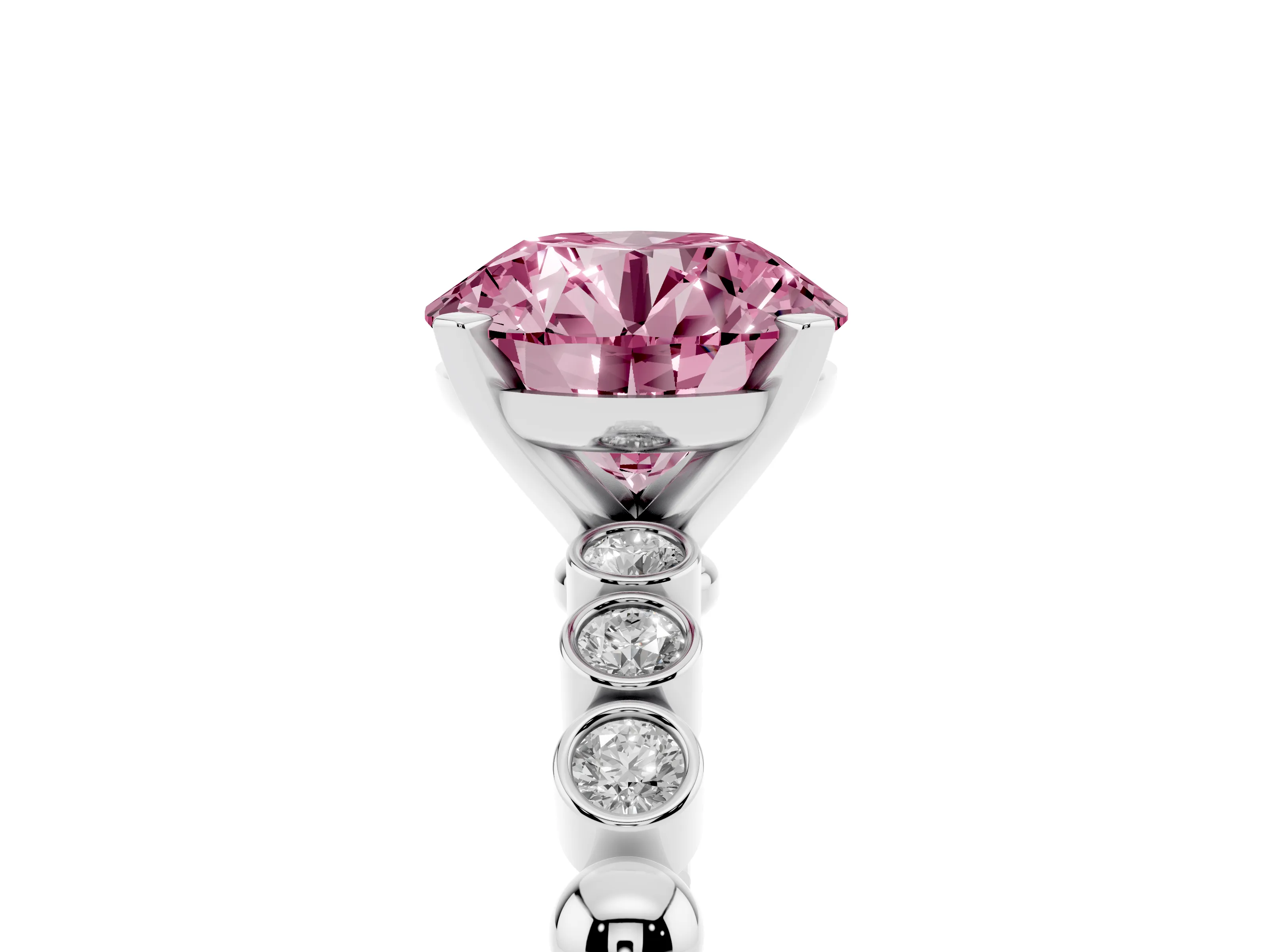 Fancy Pink Round Cut Diamond Solitaire Engagement Ring Set in Platinum with Bezel Accents on Beaded Band