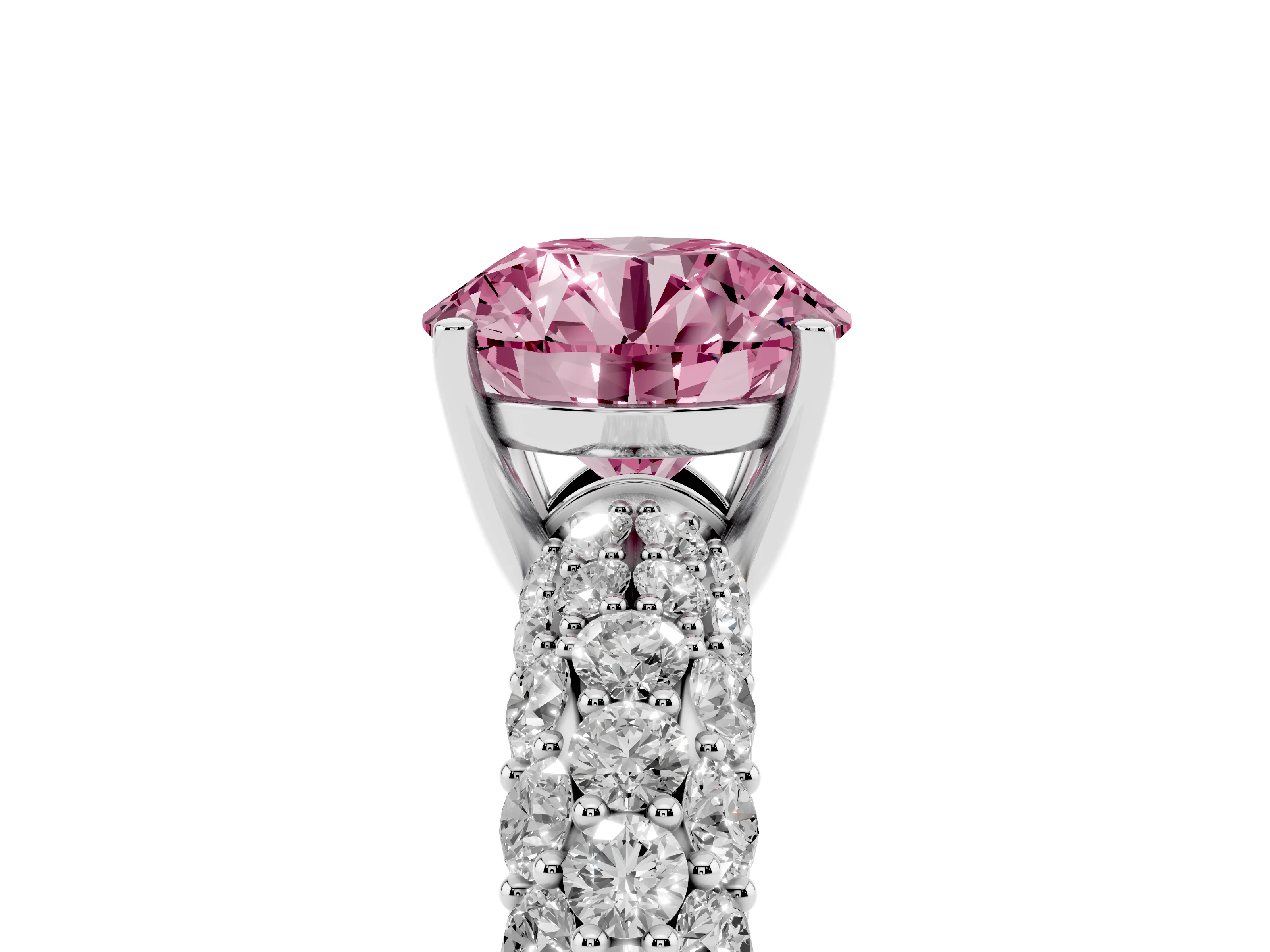 Fancy Pink Round Cut Diamond Pavé Band Solitaire Ring Set in Platinum with Close-Set Accent Stones and Prong Setting