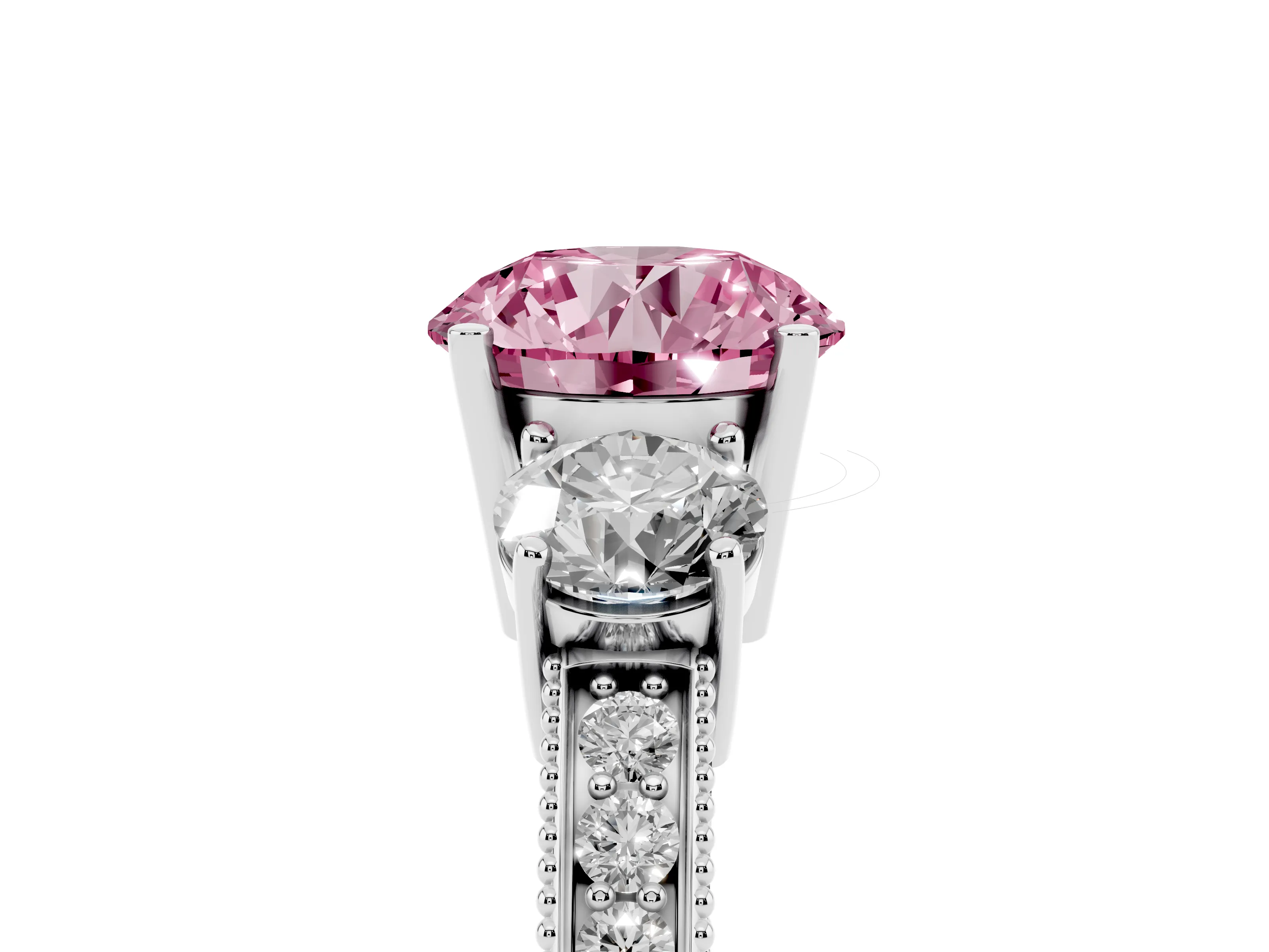 Fancy Pink Round Cut Diamond Three-Stone Ring Set in White gold with Round Side Stones and Pavé Band