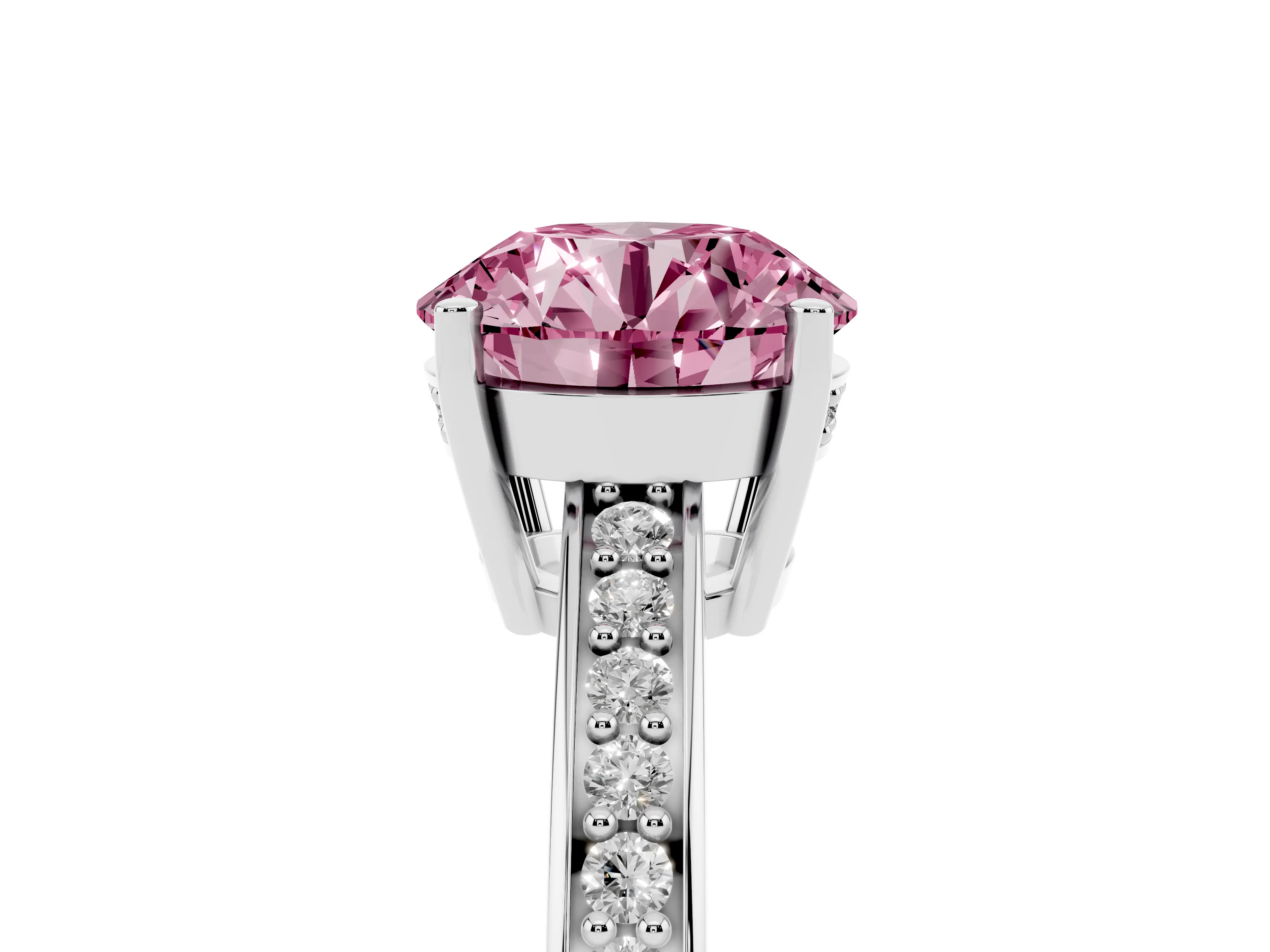 Fancy Pink Round Cut Diamond Pavé Band Prong Set Solitaire Ring Set in Silver