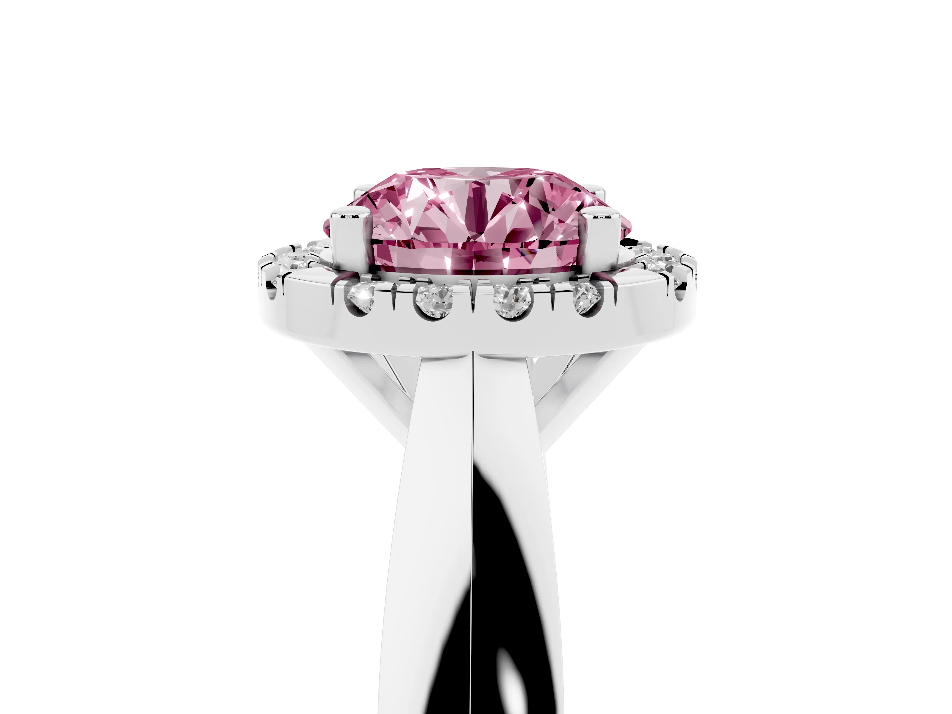 Fancy Pink Round Cut Diamond Halo Solitaire Engagement Ring Set in White gold with Square Band and Prong Setting