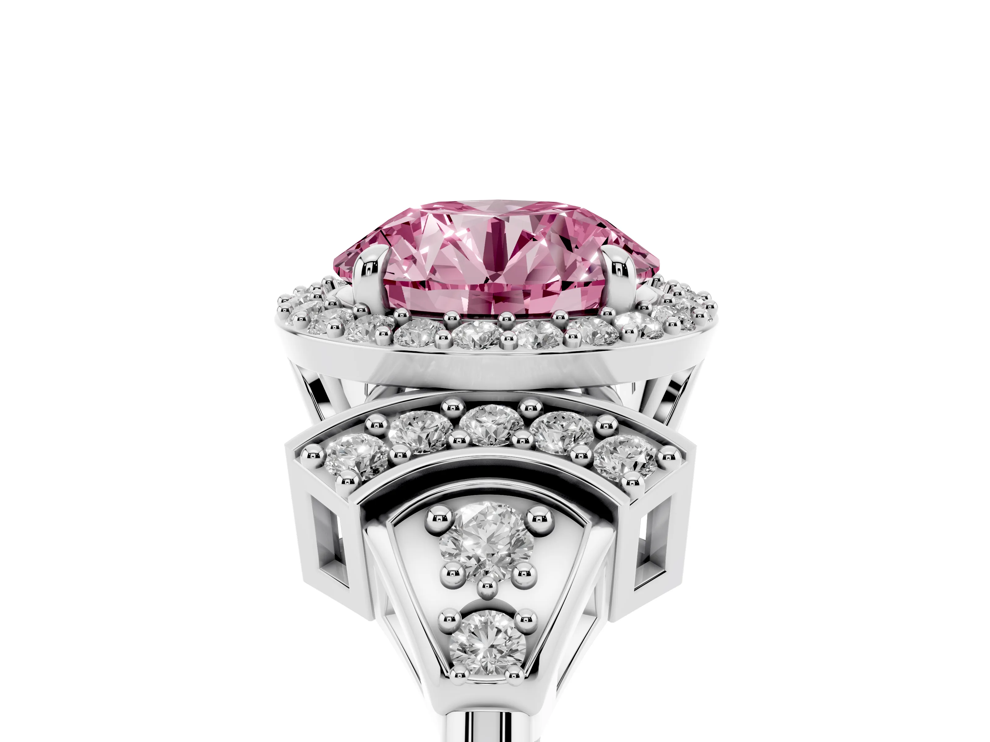 Fancy Pink Round Cut Diamond Halo Engagement Ring Set in Silver with Accent Stone Split Shank