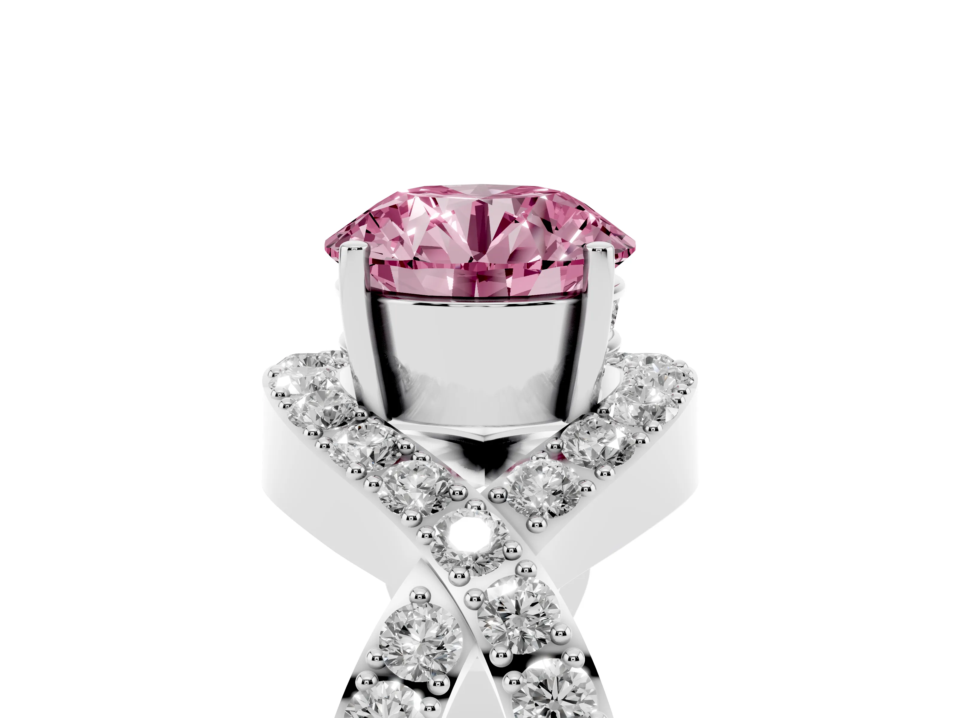 Fancy Pink Round Cut Diamond Solitaire Twist Band Pavé Engagement Ring Set in White gold