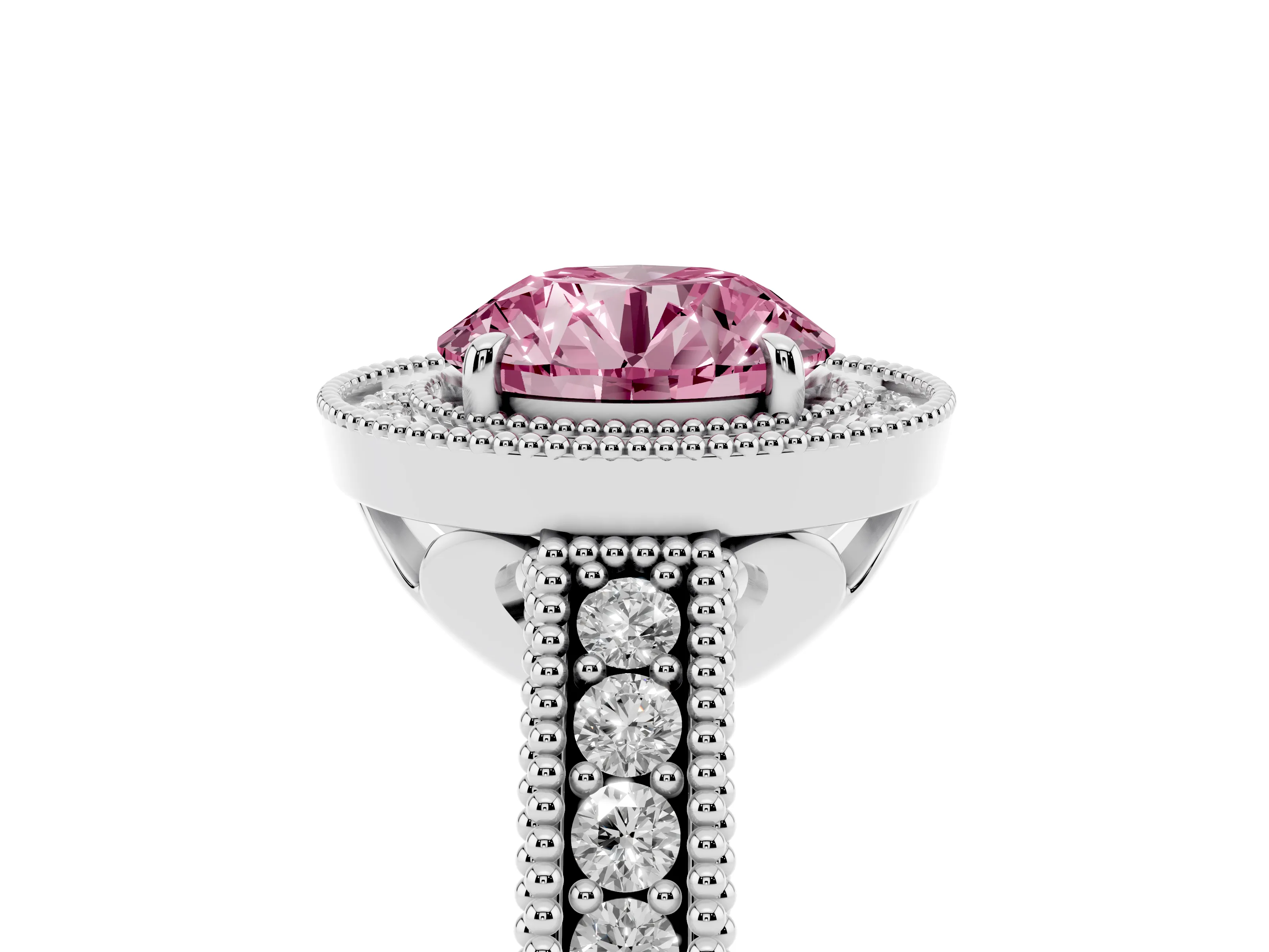 Fancy Pink Round Cut Diamond Halo Ring Set in White gold with Round Accent Halo, Pavé Band and Prong Setting