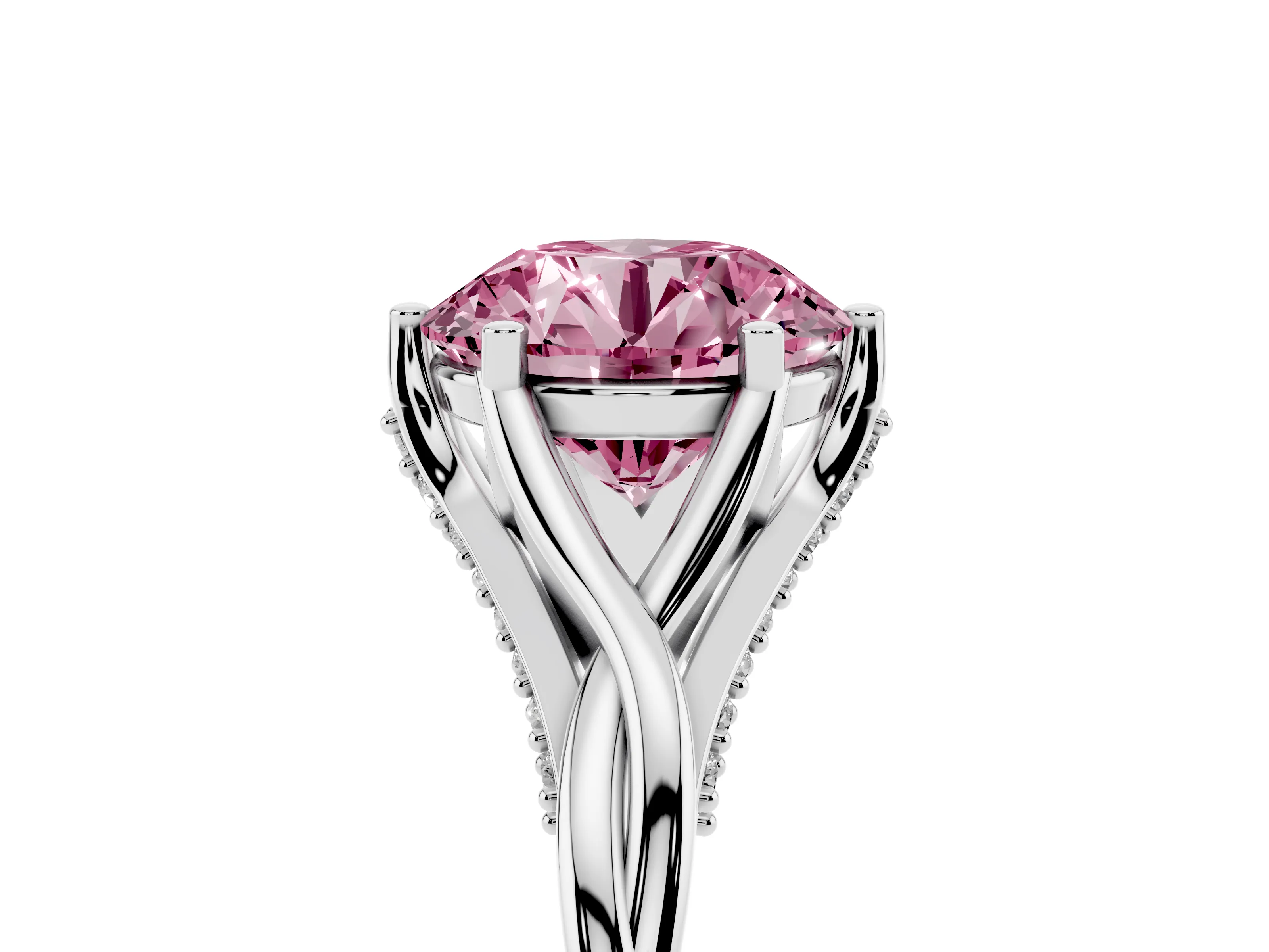 Fancy Pink Round Cut Diamond Intertwined Twist Band Solitaire Ring Set in White gold with Prong Setting