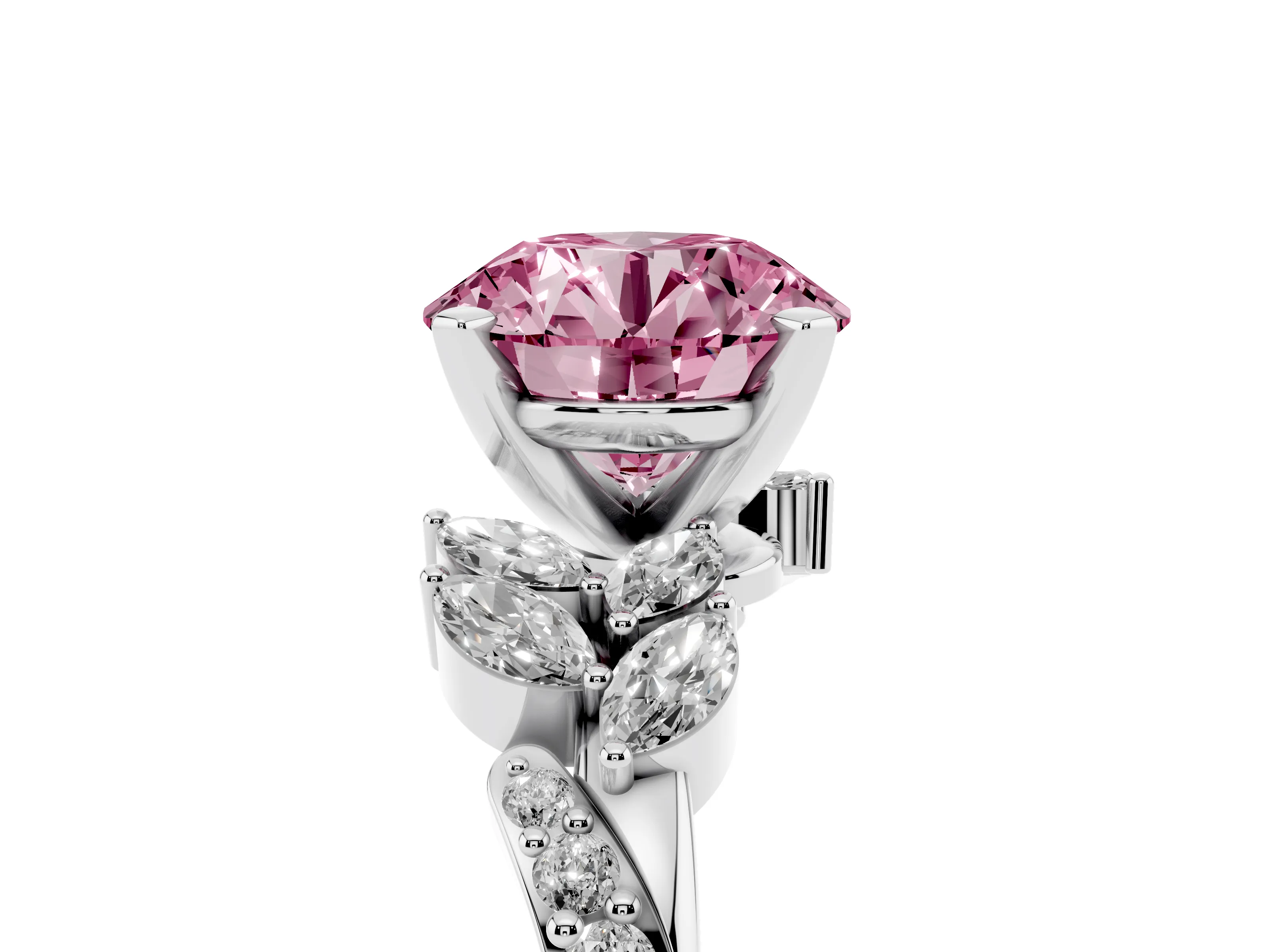 Fancy Pink Round Cut Diamond Solitaire Ring Set in Silver with Marquise Twist Band and Prong Setting
