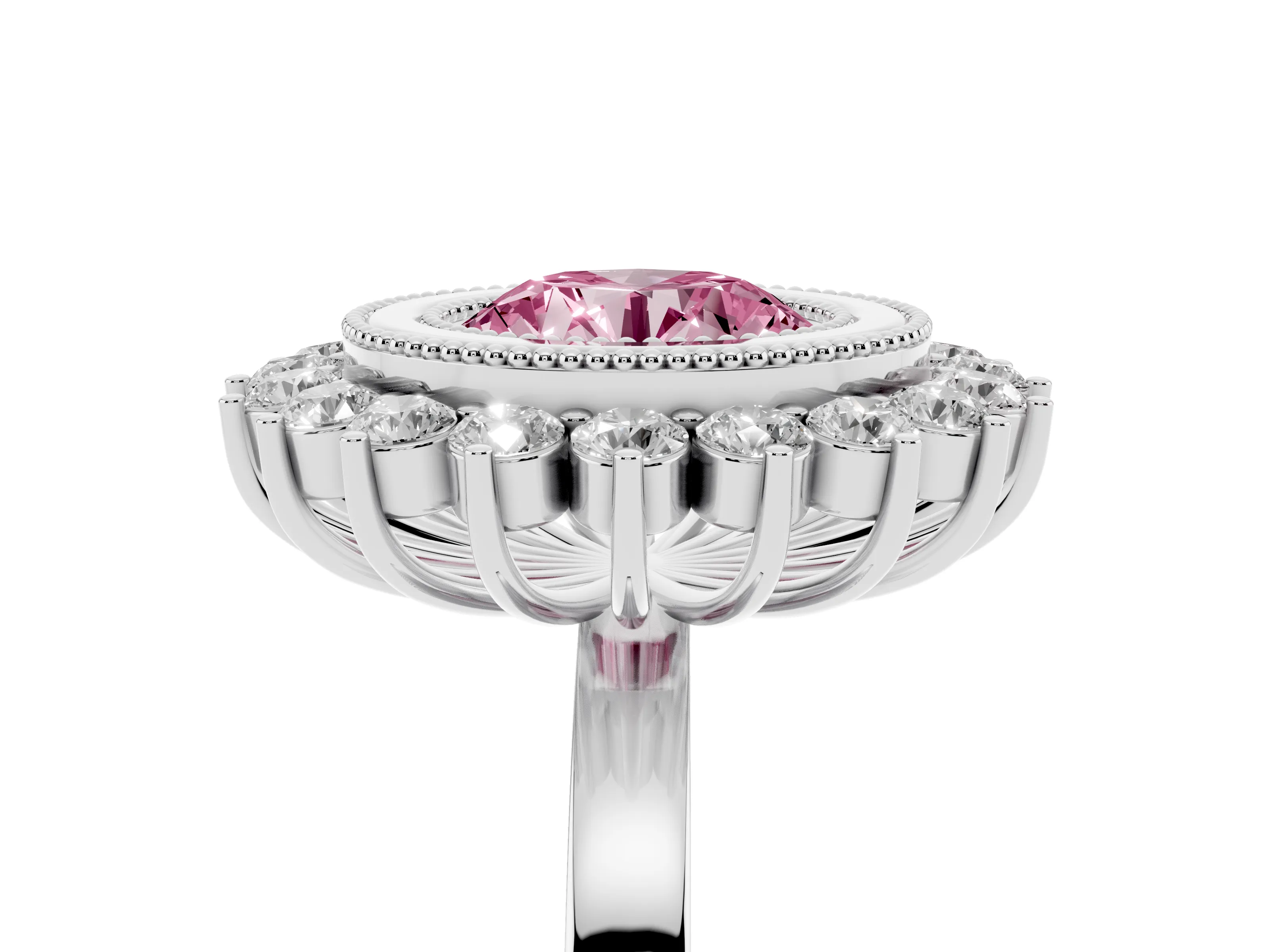 Fancy Pink Round Cut Diamond Halo Ring Set in Silver with Milgrain Edge and Round Prong Setting