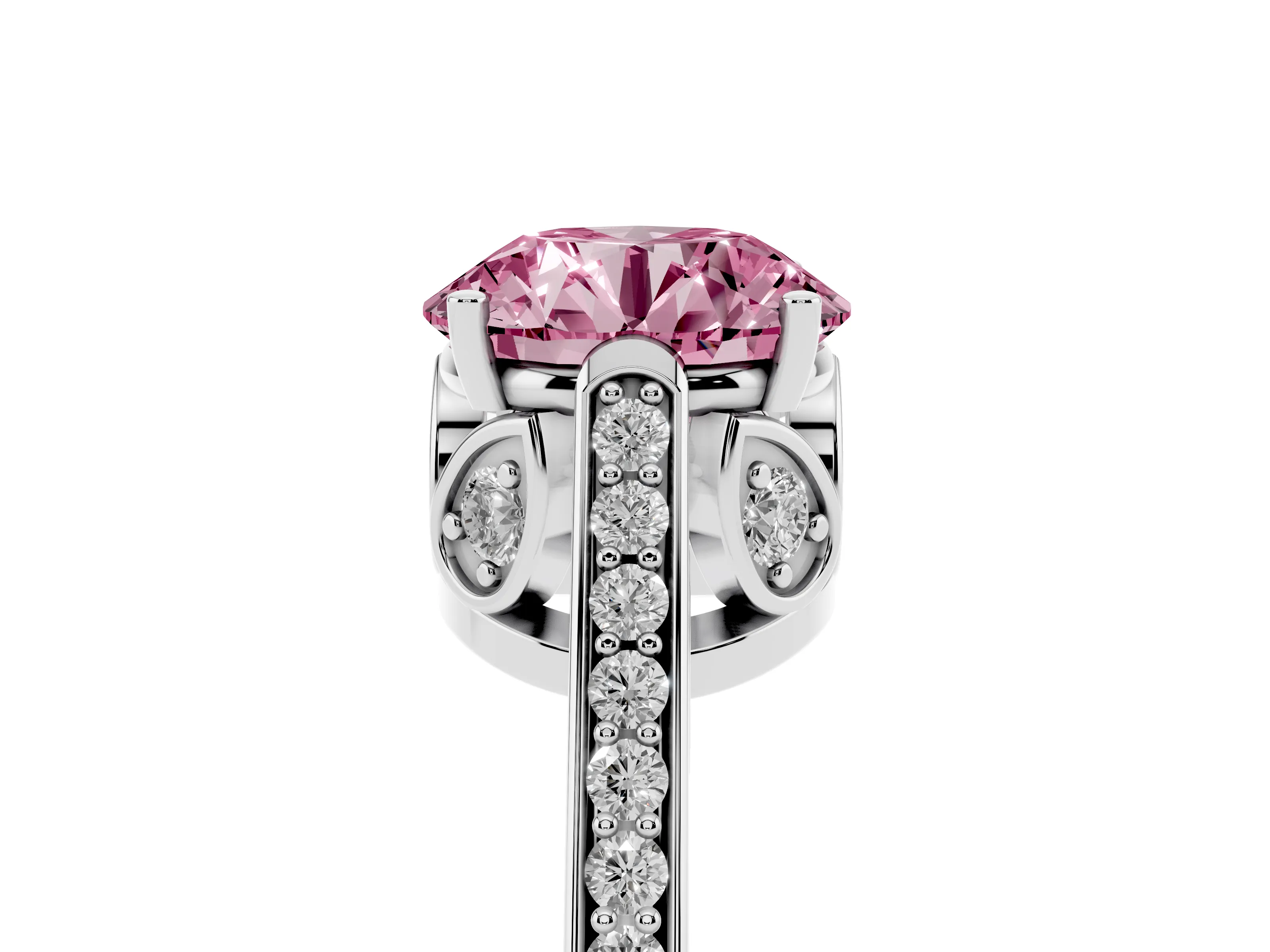 Fancy Pink Round Cut Diamond Cathedral Pavé Engagement Ring Set in Silver with Prong Setting