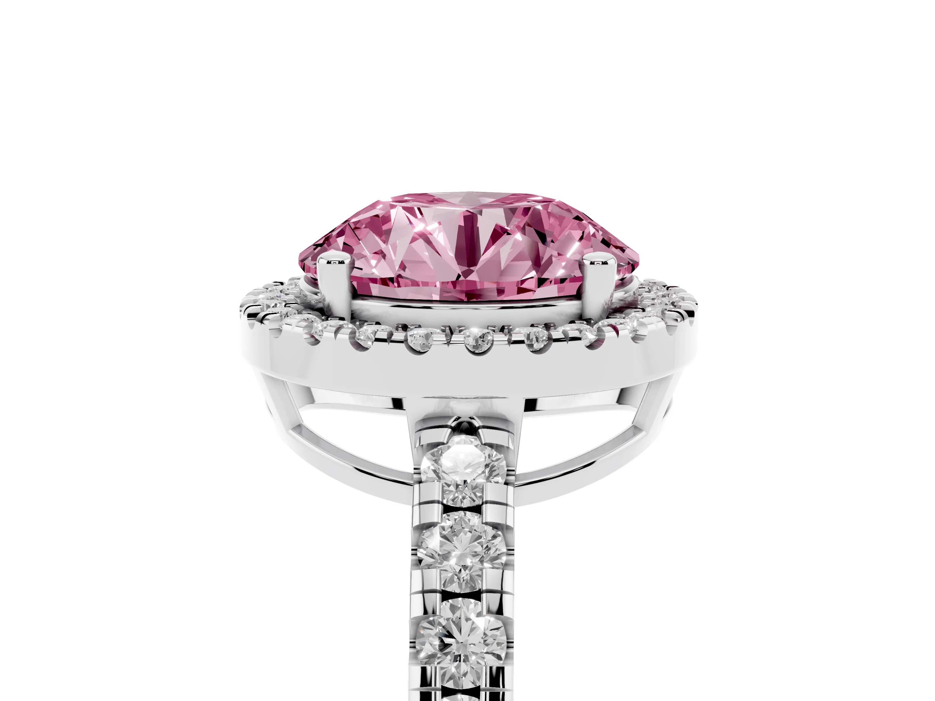 Fancy Pink Round Cut Diamond Halo Ring Set in Platinum with Delicate Pavé Band and Prong Setting