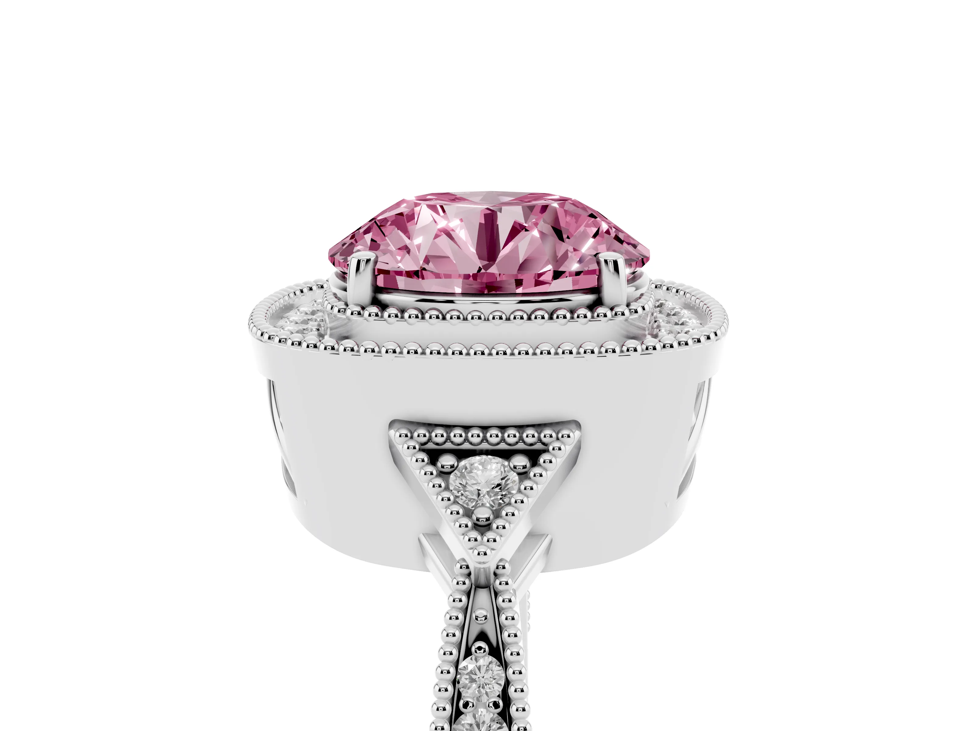 Fancy Pink Round Cut Diamond Halo Engagement Ring Set in White gold with Milgrain Pavé Band