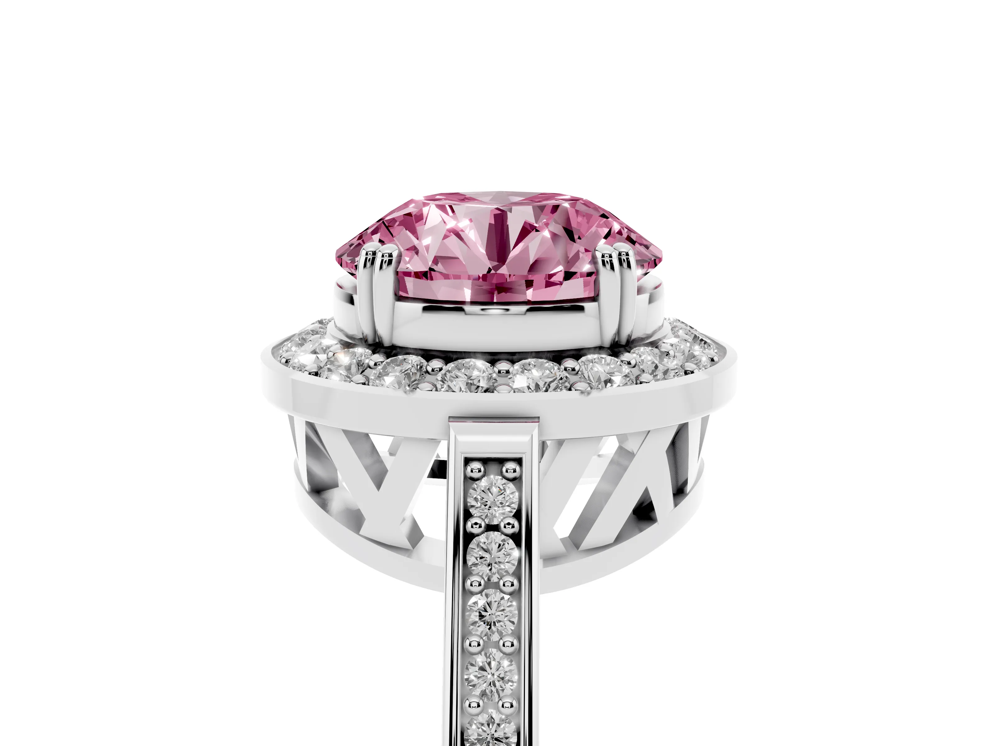 Fancy Pink Round Cut Diamond Halo Ring Set in Platinum with Accent-Lined Split Shank and Prong Setting
