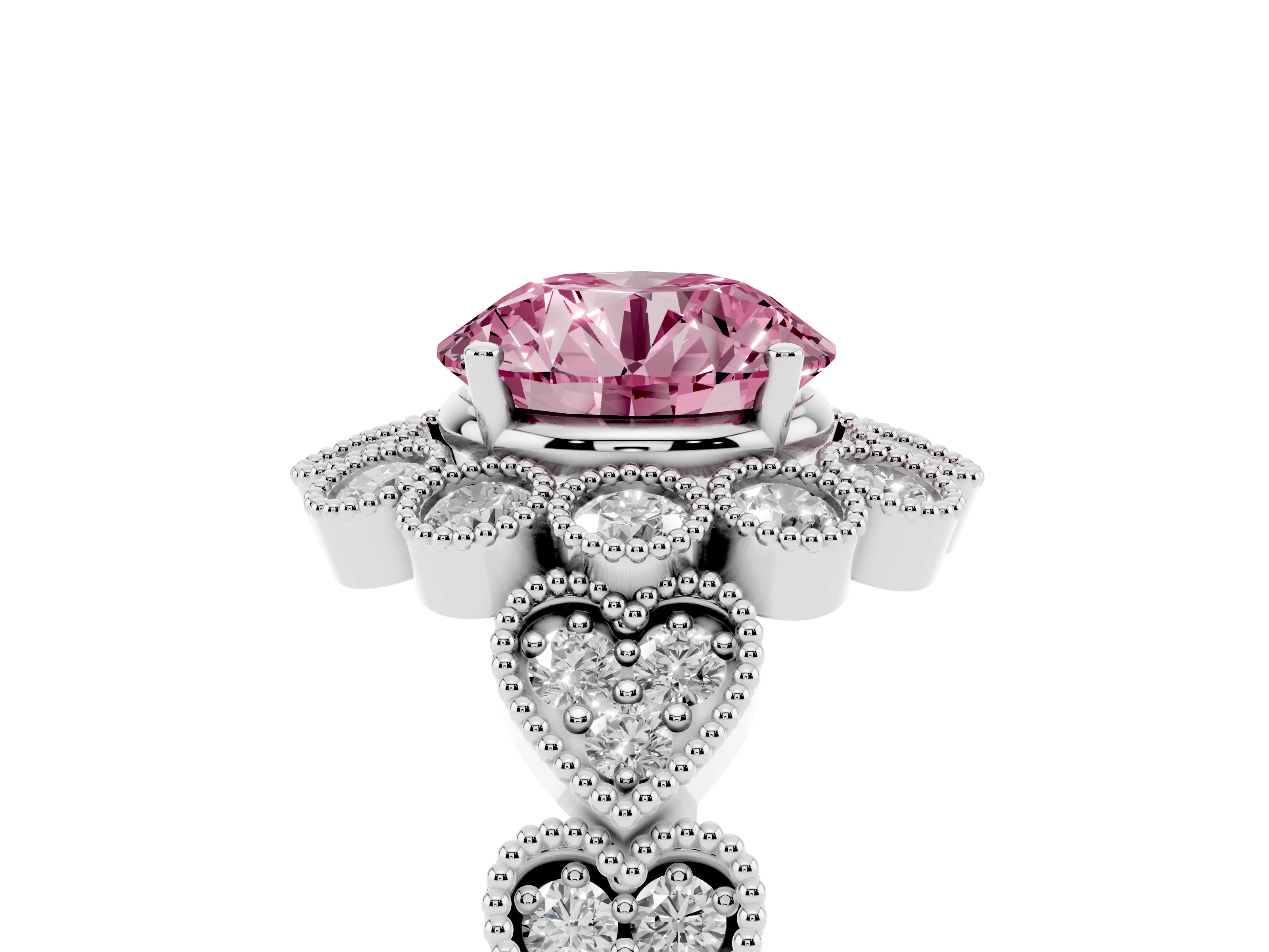 Fancy Pink Round Cut Diamond Solitaire Ring Set in White gold with Milgrain Pavé Heart Band