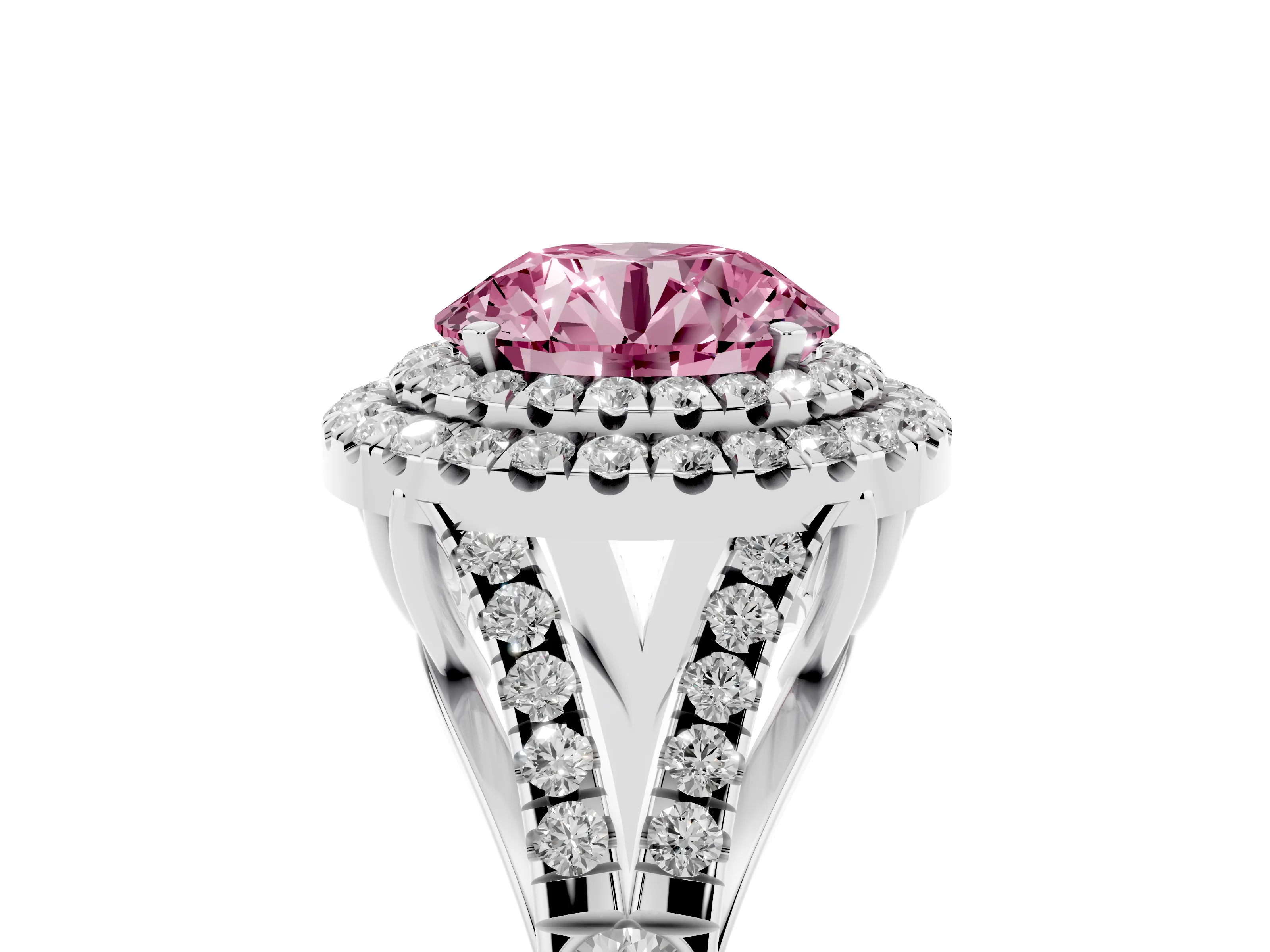 Fancy Pink Round Cut Diamond Pavé Split Shank Double Halo Engagement Ring Set in Silver