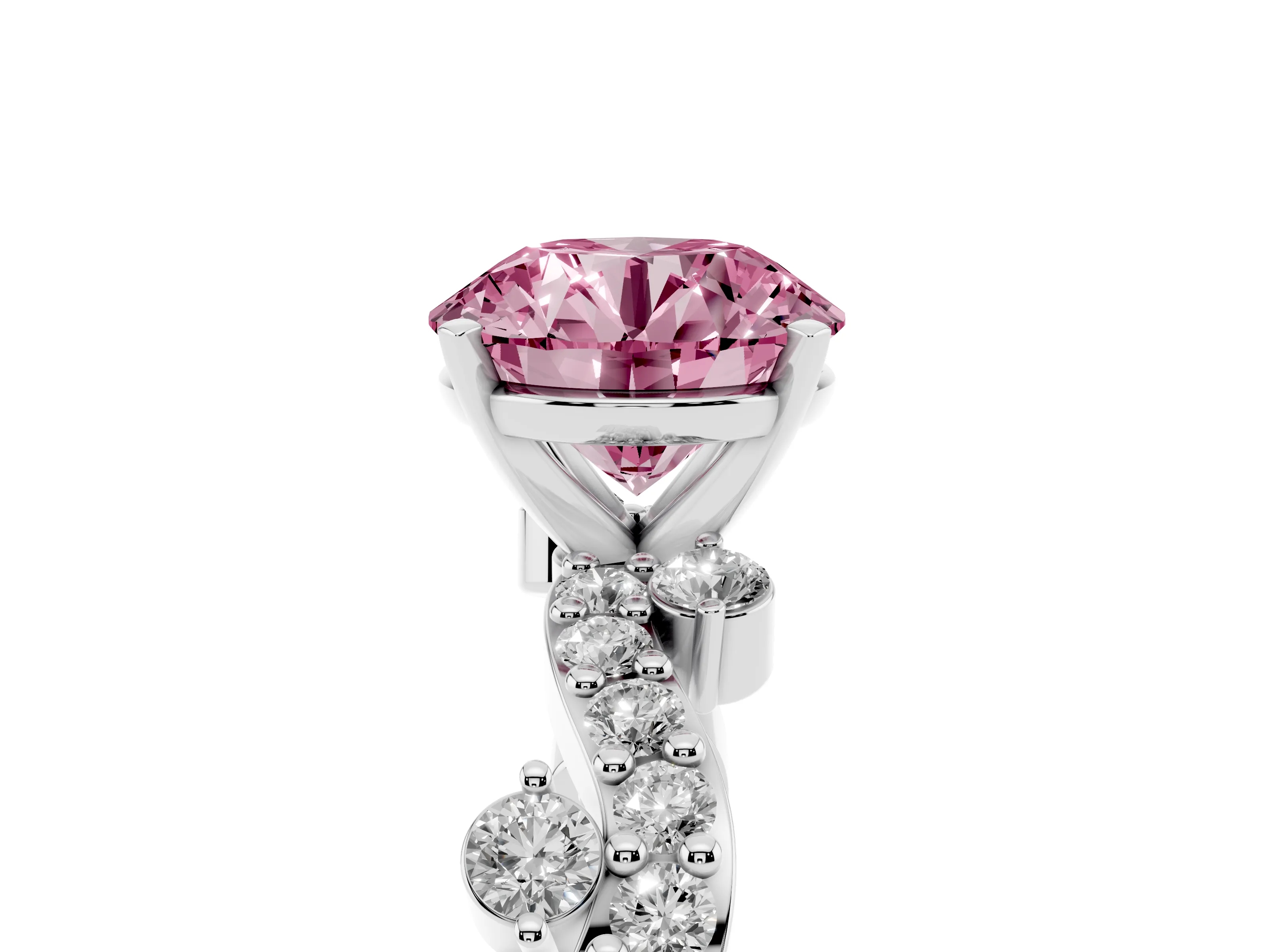 Fancy Pink Round Cut Diamond Solitaire Twisted Band Set in Platinum with Pavé Setting