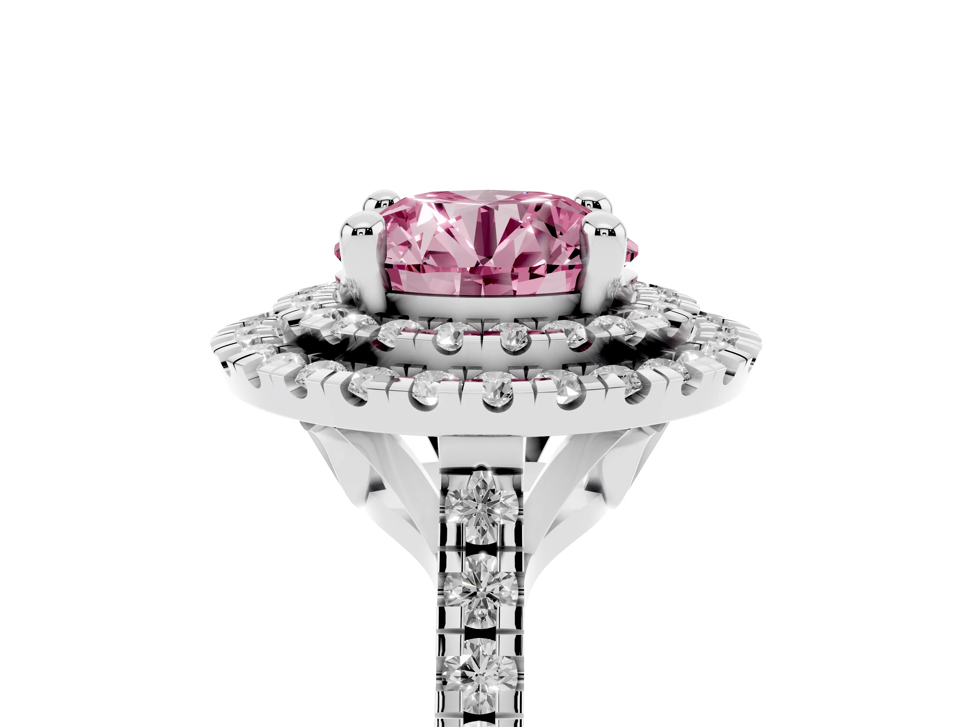 Fancy Pink Round Cut Diamond Double Halo Statement Ring Set in Silver with Pavé Band
