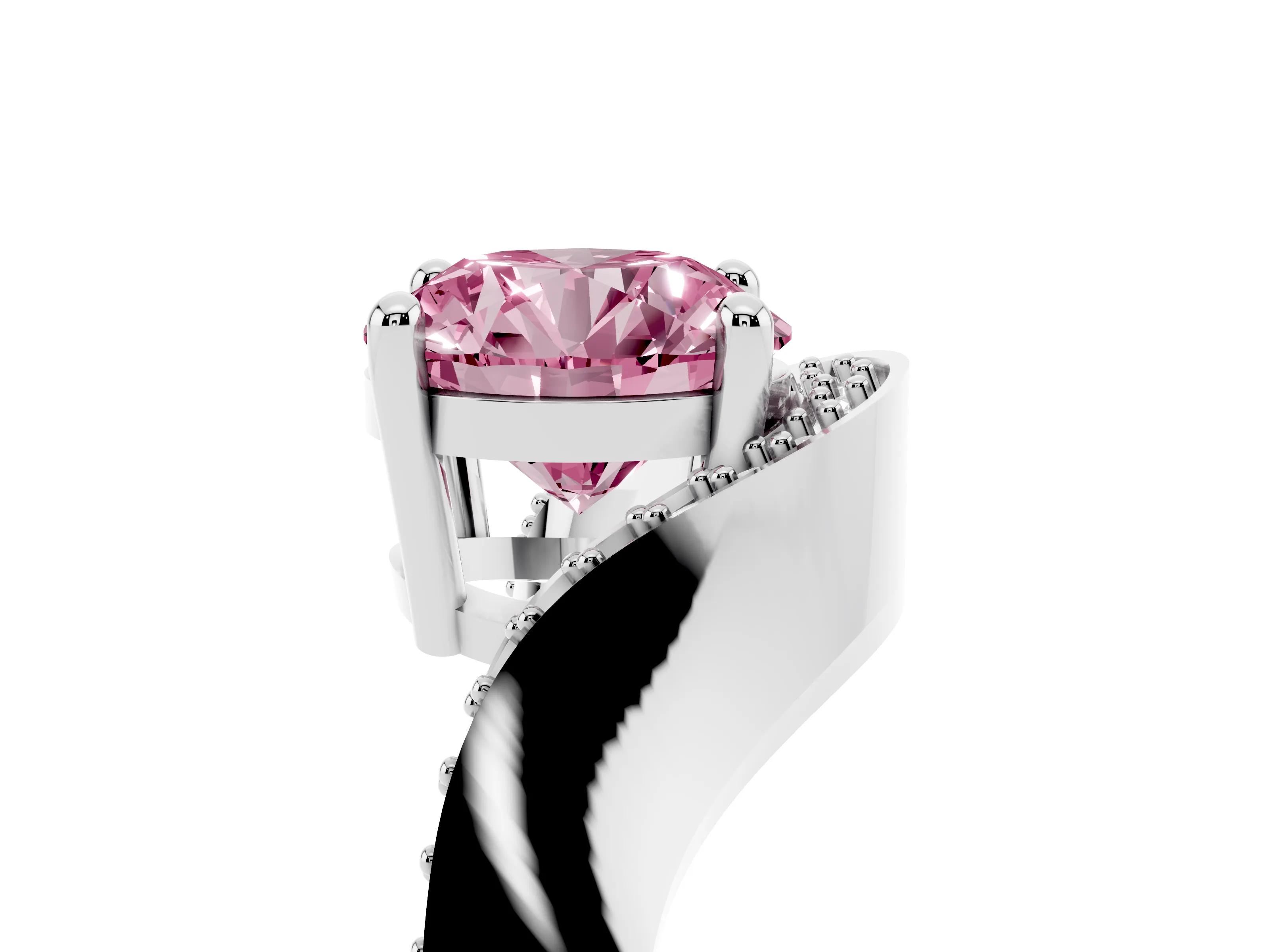 Fancy Pink Round Cut Diamond Solitaire Engagement Ring Set in White gold with Pavé Shoulders