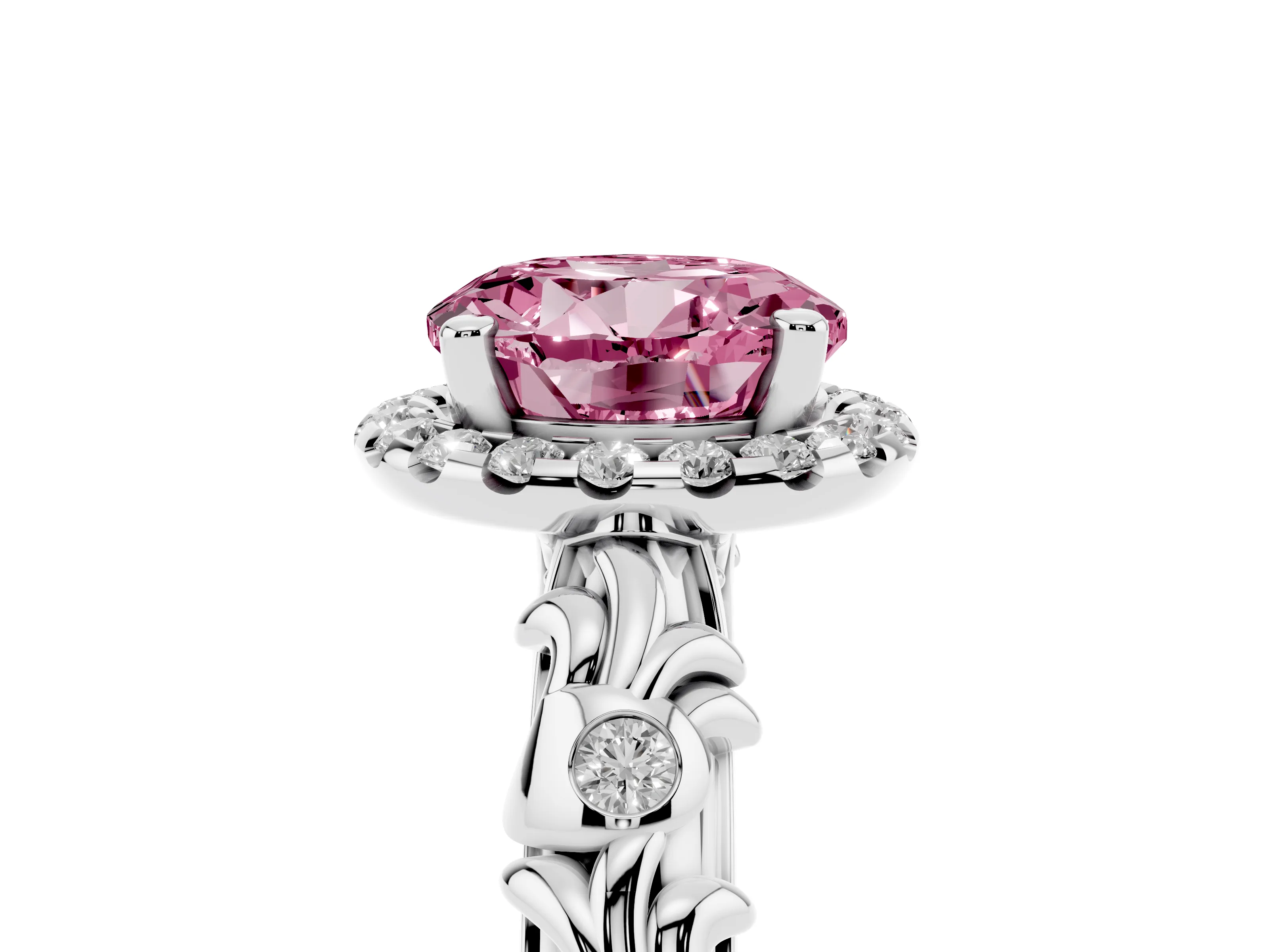 Fancy Pink Round Cut Diamond Halo Ring Set in Platinum with Filigree Leaf Band and Prong Setting