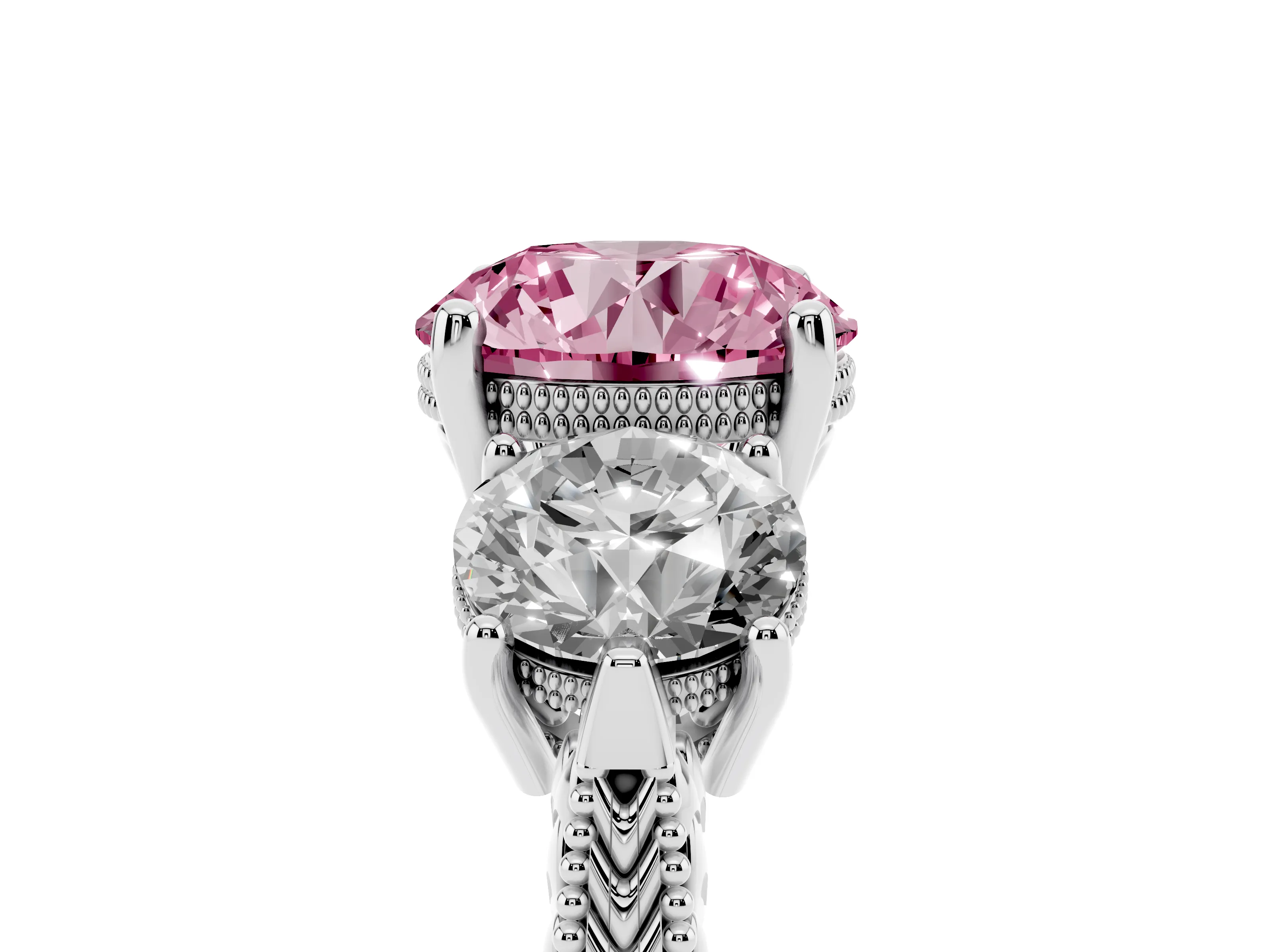 Fancy Pink Round Cut Diamond Three-Stone Ring Set in Platinum with Milgrain Band