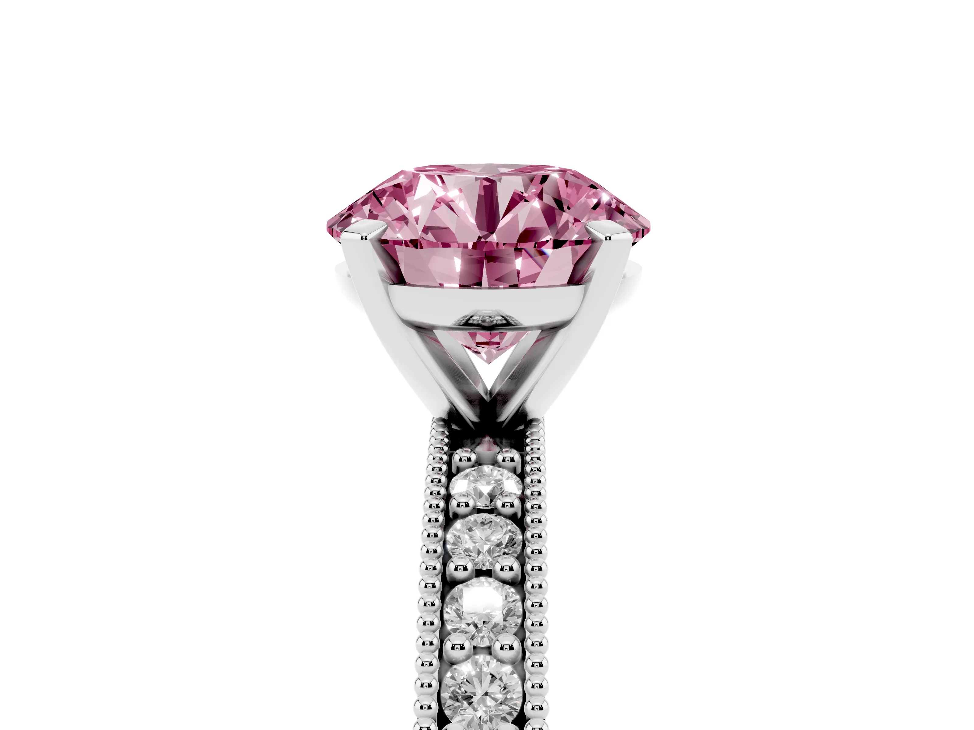 Fancy Pink Round Cut Diamond Milgrain Pavé Engagement Ring Set in Platinum with Prong Setting