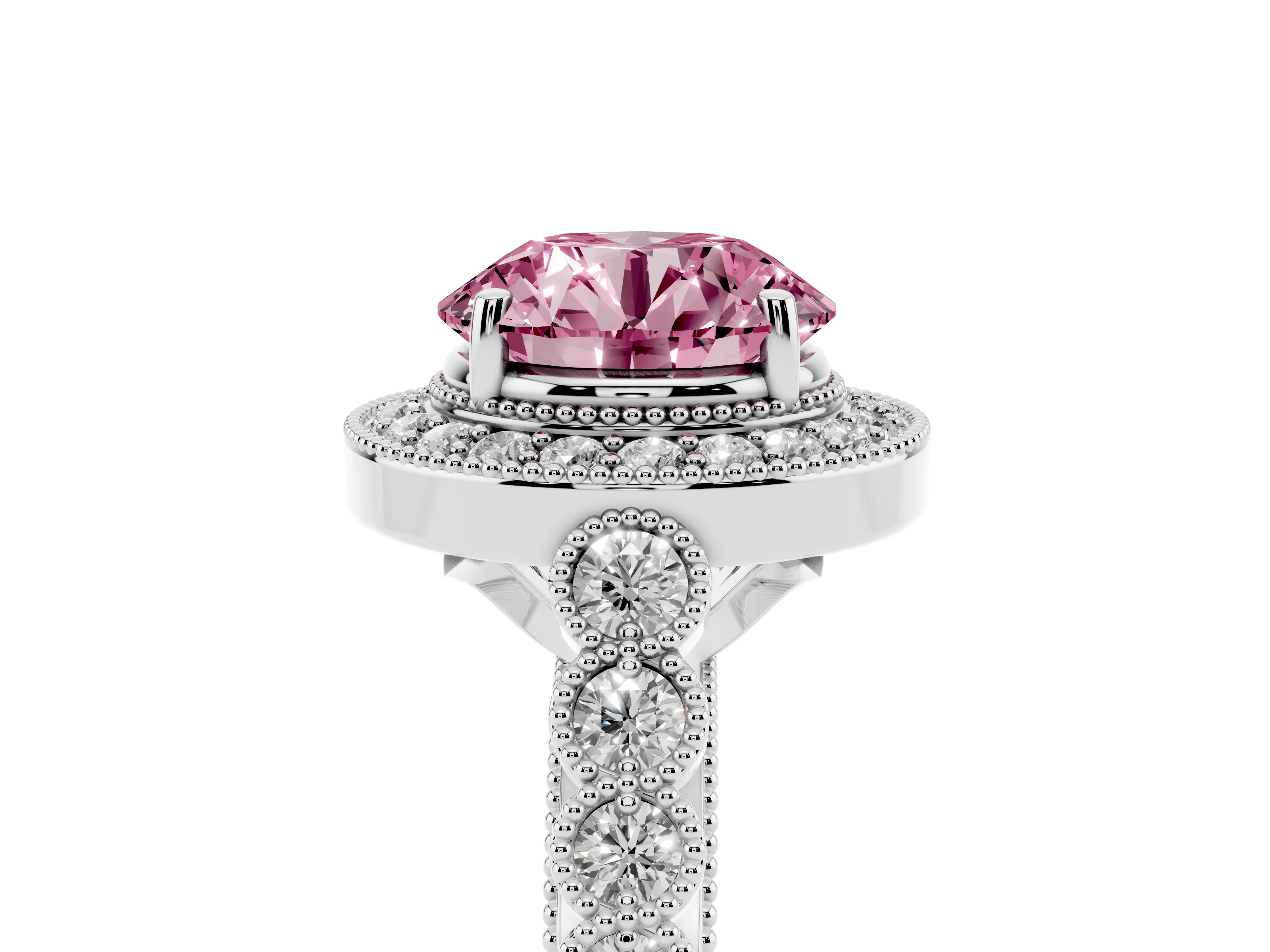 Fancy Pink Round Cut Diamond Milgrain Halo Solitaire Ring Set in Silver with Bezel Set Side Stones and Pavé Band