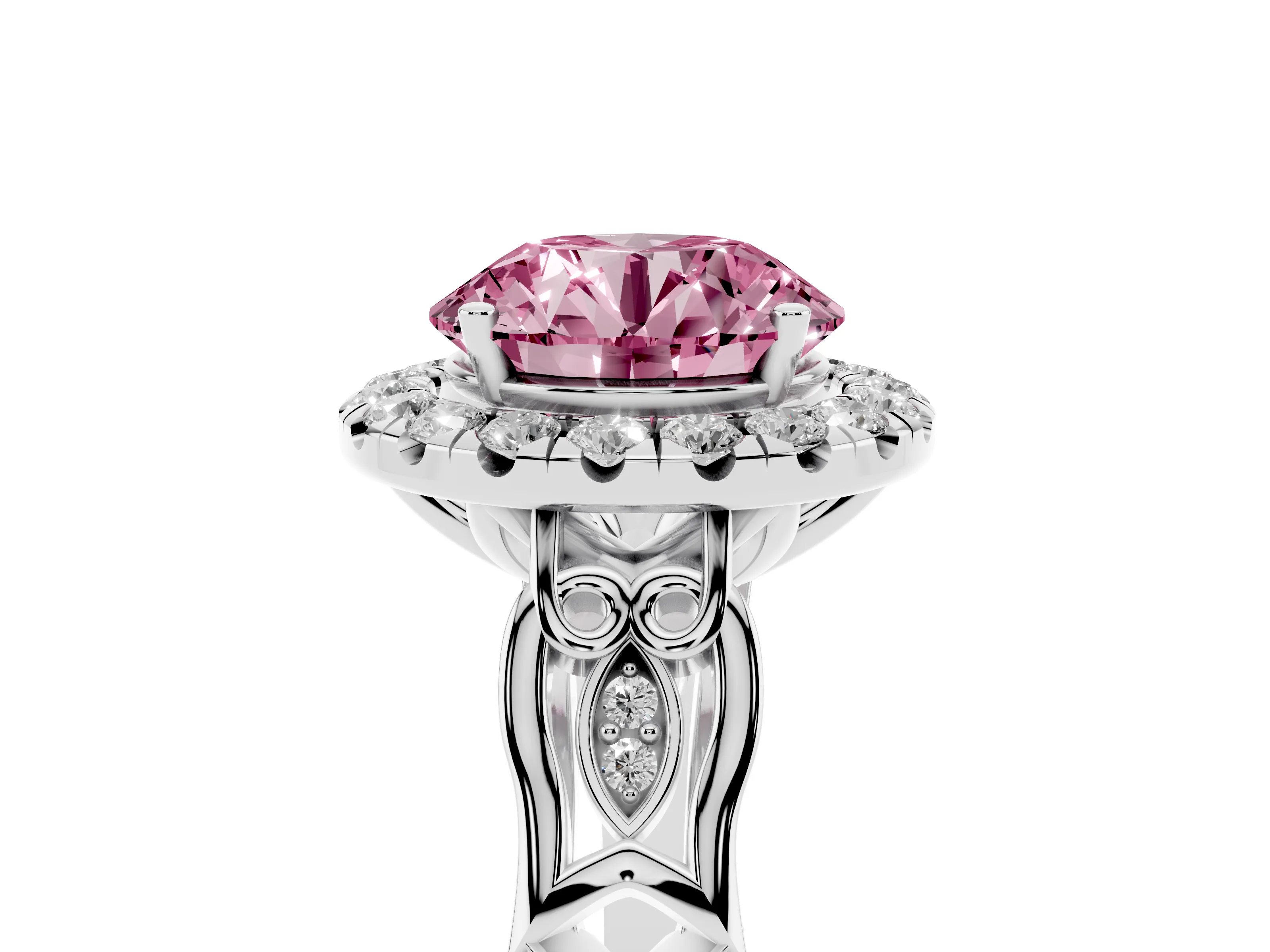 Fancy Pink Round Cut Diamond Halo Engagement Ring Set in White gold with Filigree Band and Prong-Set Center